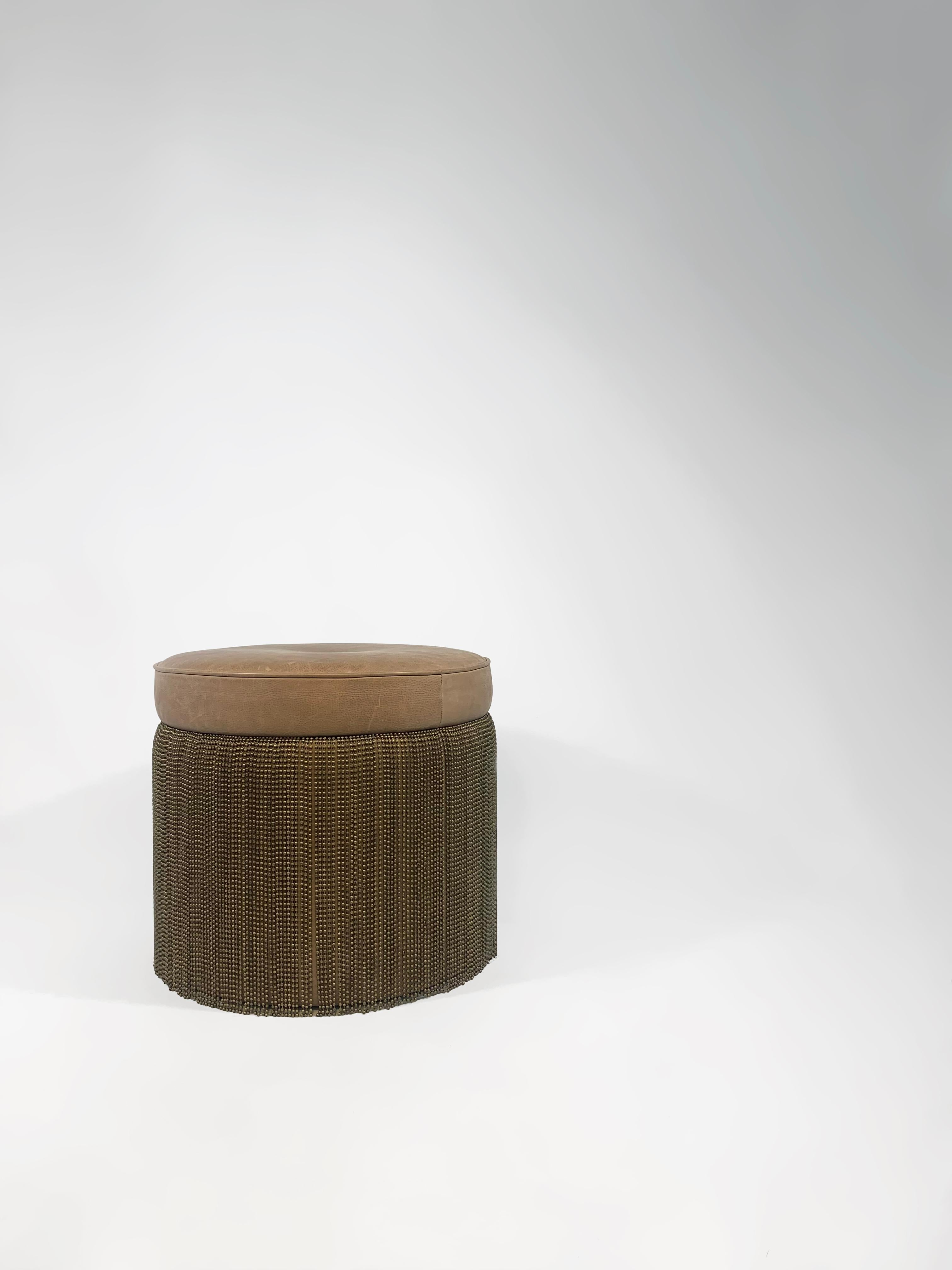 Contemporary Brown Cowhide Leather Ottoman Stool with Bronze Metal Fringe For Sale 2