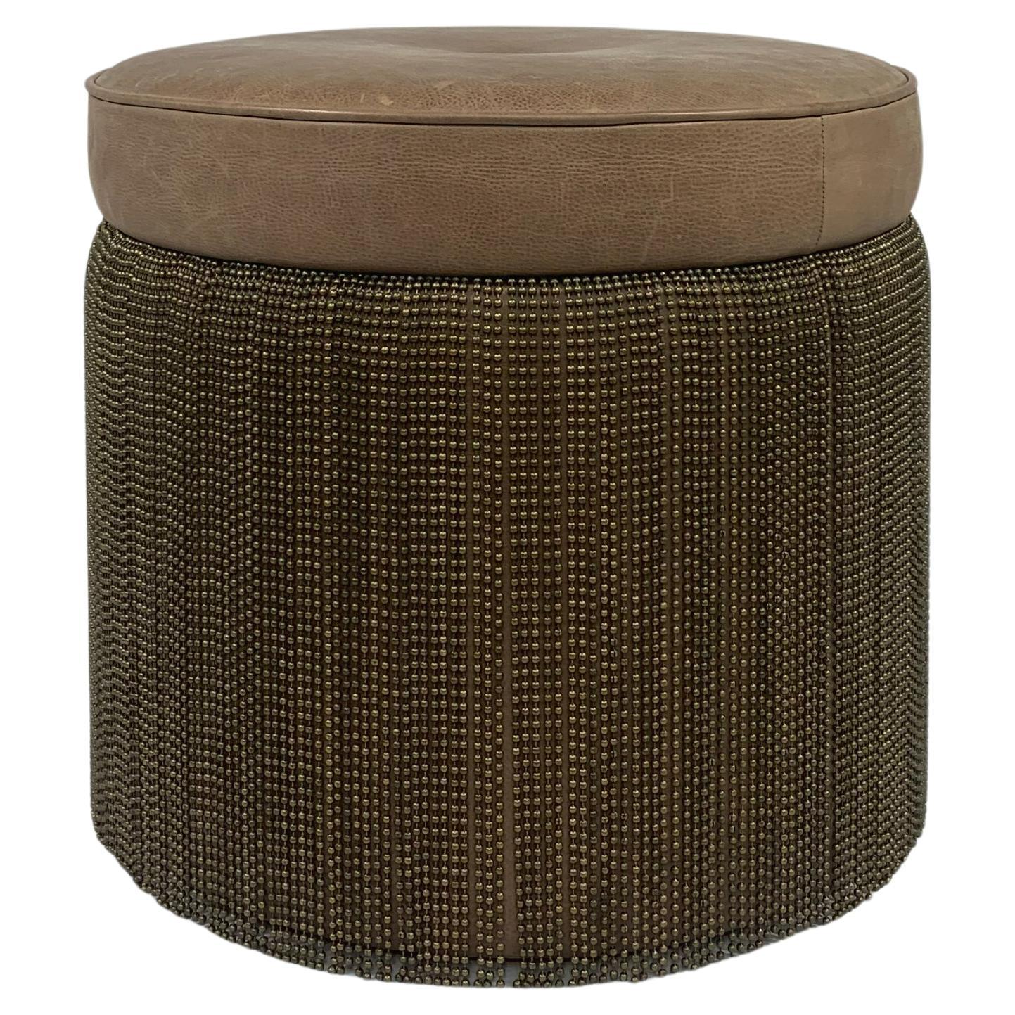 Contemporary Brown Cowhide Leather Ottoman Stool with Bronze Metal Fringe