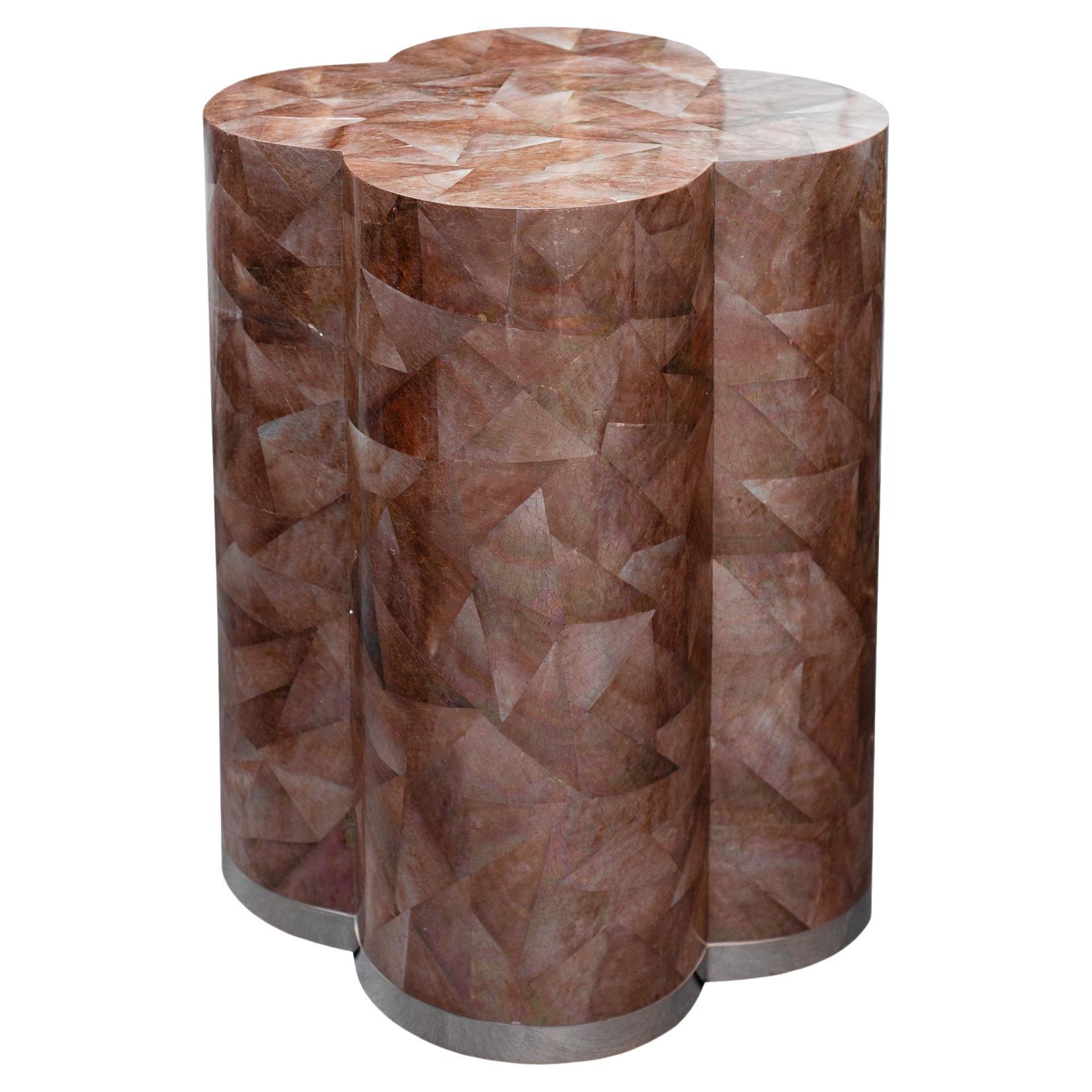 Contemporary Brown/Gold Pen Shell Mosaic Clover Drum Table