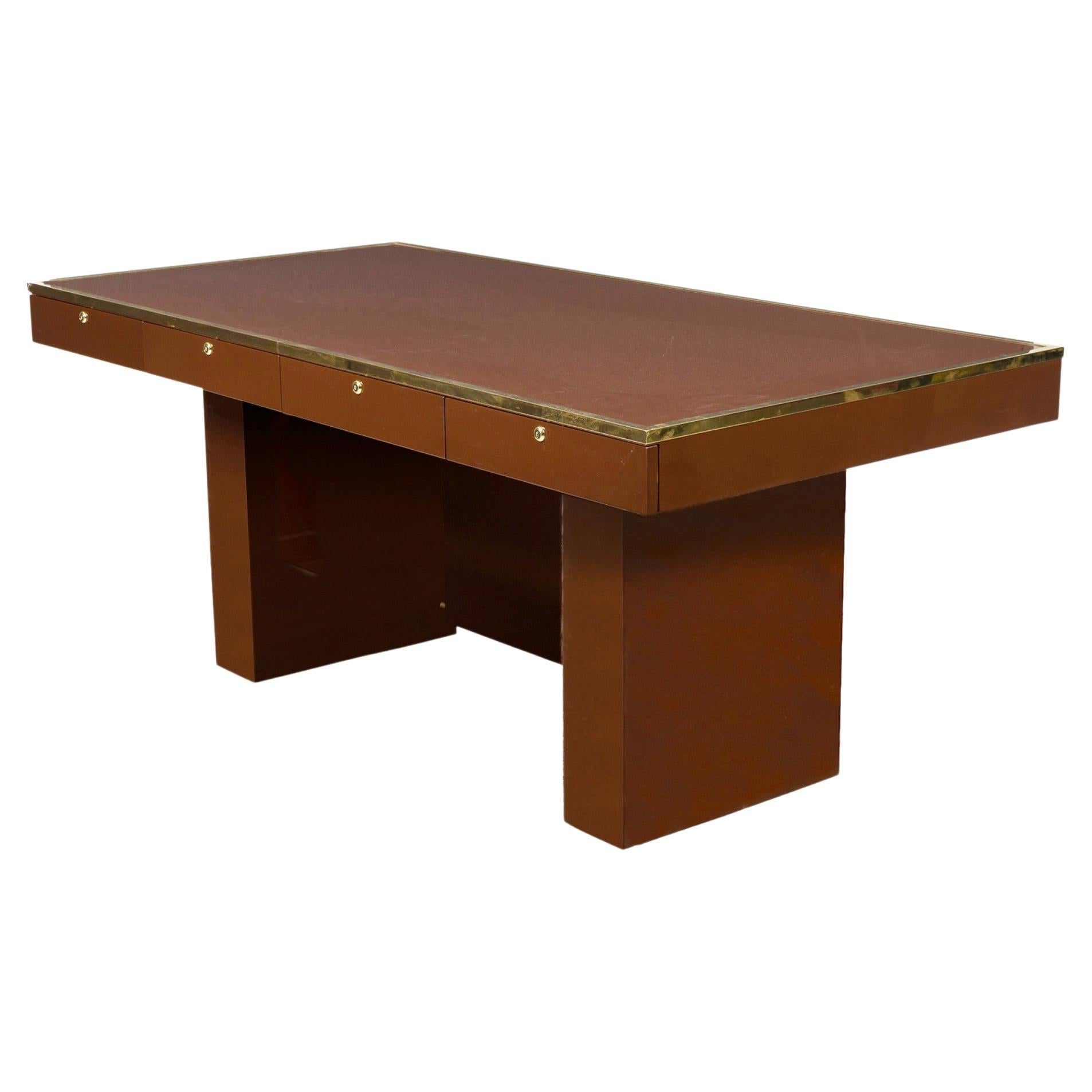 Contemporary Brown Lacquered Wooden Executive Desk For Sale