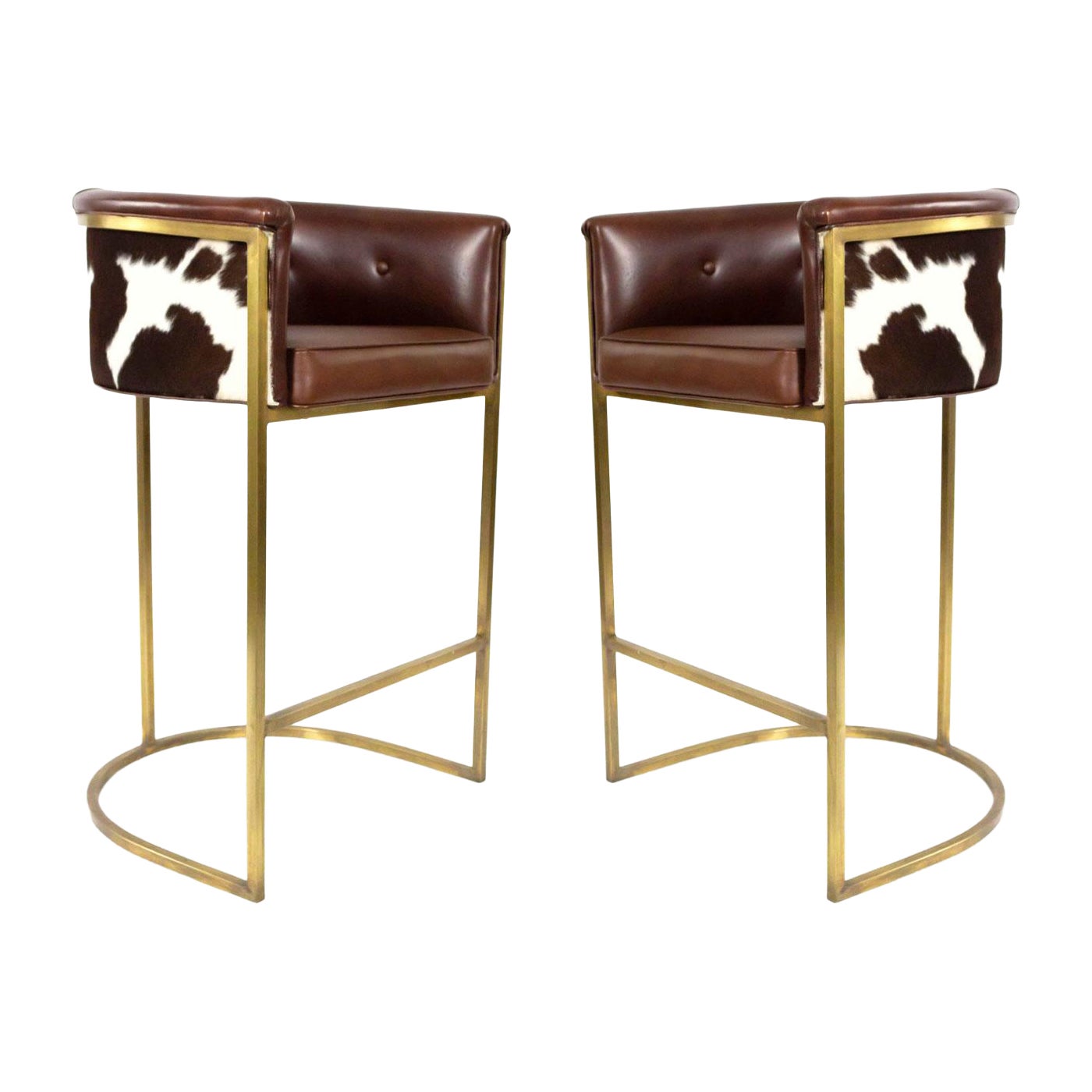 Contemporary Brown Leather and Cow Hide Bar Stools For Sale