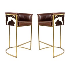 Contemporary Brown Leather and Cow Hide Bar Stools