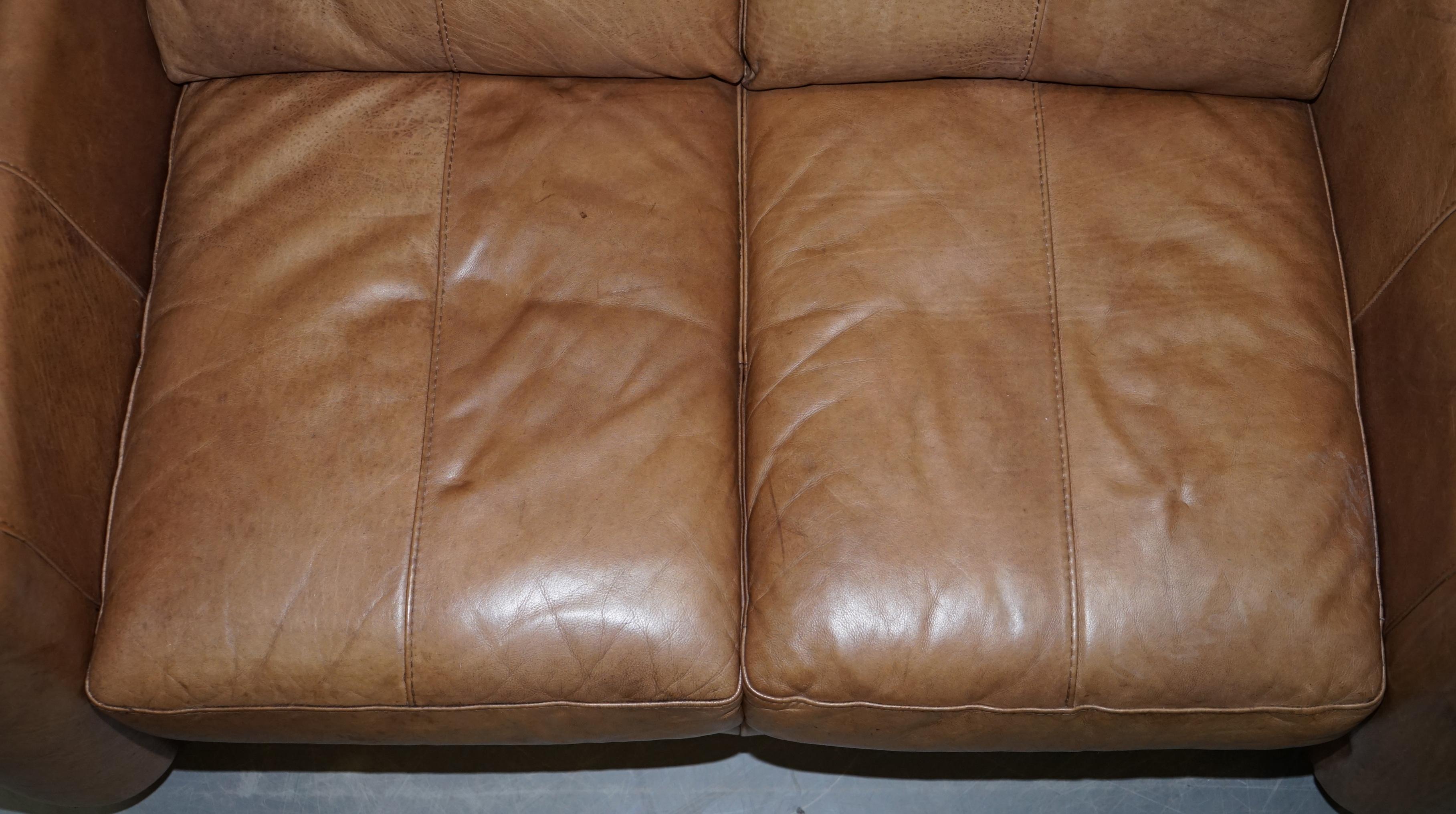 English Contemporary Brown Leather Art Deco Style Club Sofa Matching Armchairs Available