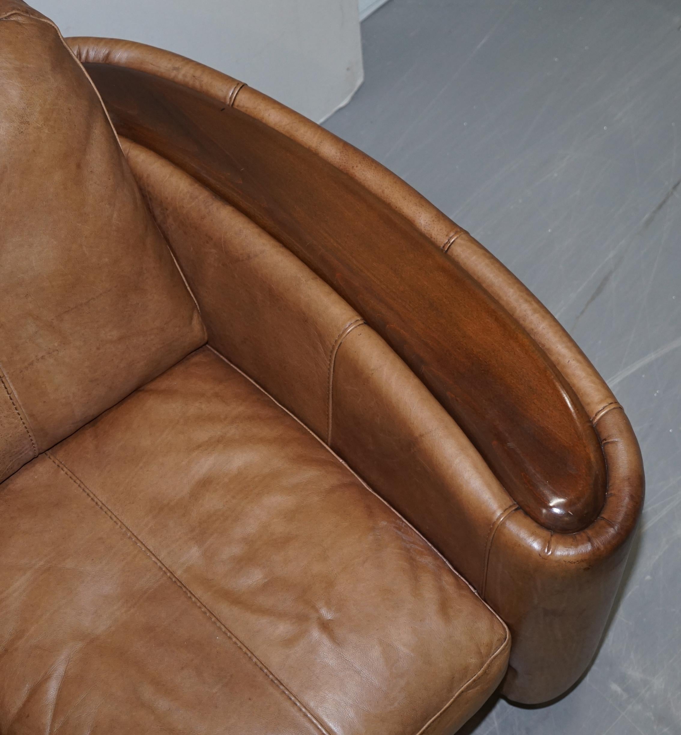Contemporary Brown Leather Art Deco Style Club Sofa Matching Armchairs Available 2