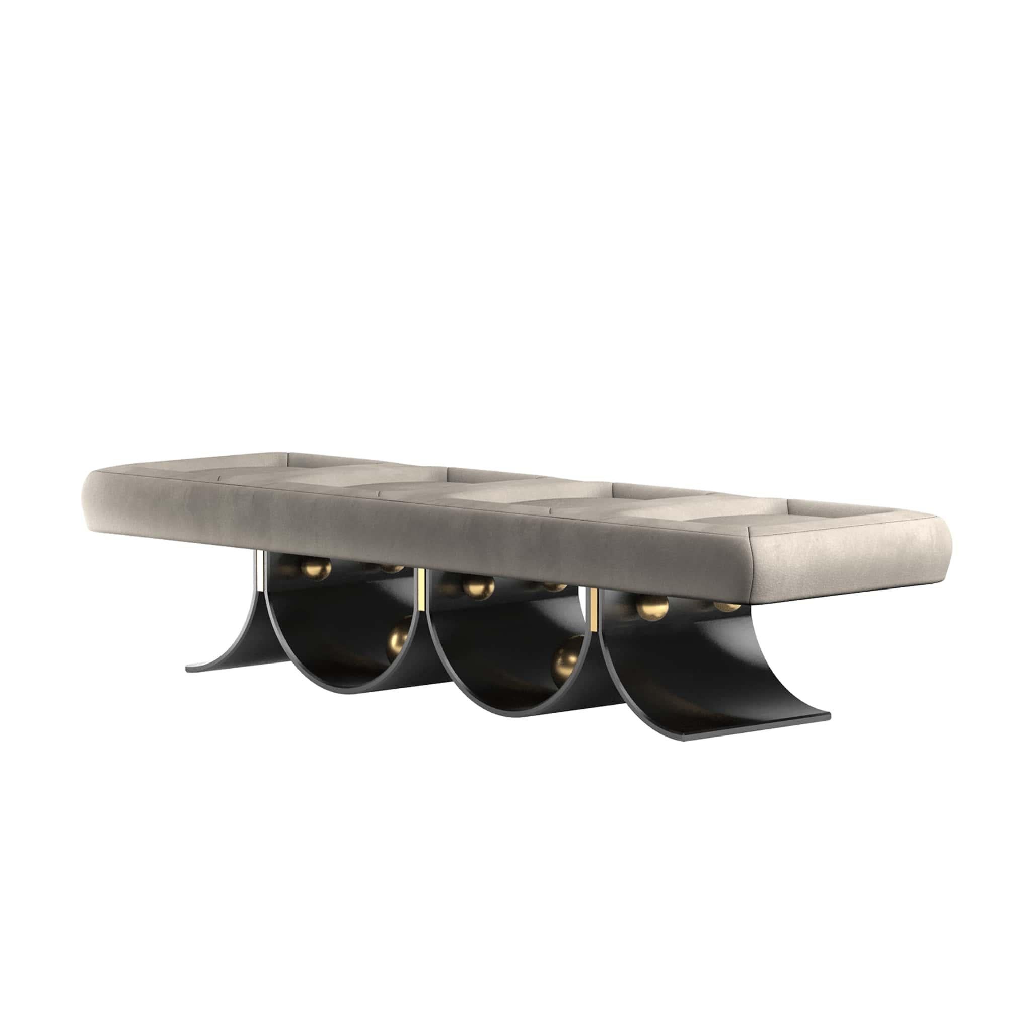 Polished Contemporary Gray Suede Bench With Anodized Iron & Golden Brass Details For Sale