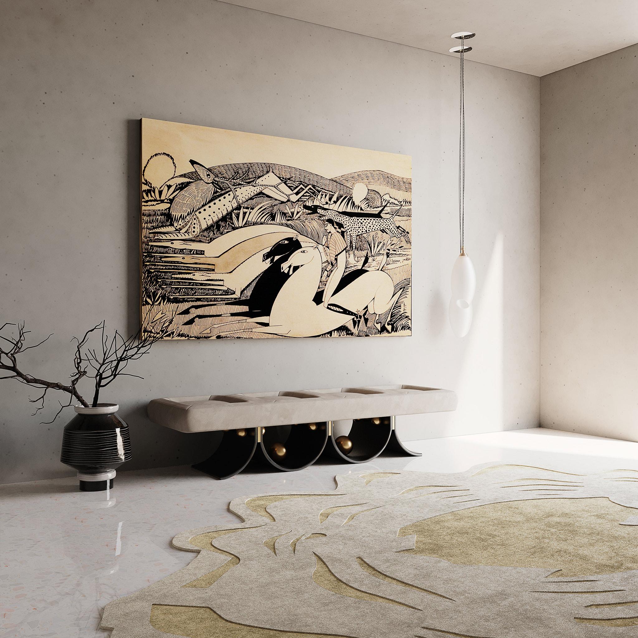 Contemporary Gray Suede Bank mit eloxiertem Eisen & Golden Brass Details (Moderne) im Angebot
