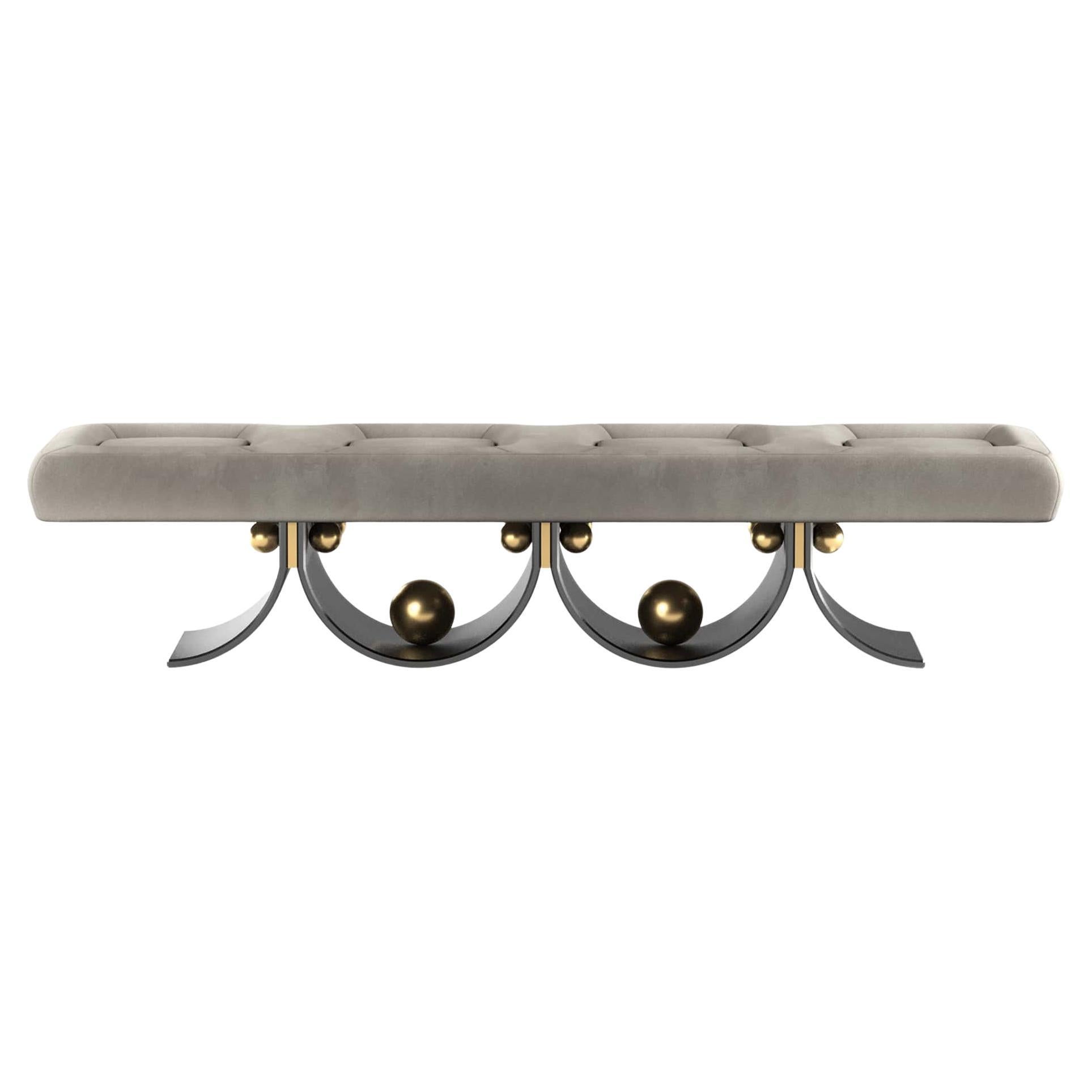 Contemporary Gray Suede Bench With Anodized Iron & Golden Brass Details For Sale