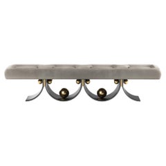 Contemporary Gray Suede Bench With Anodized Iron & Golden Brass Details