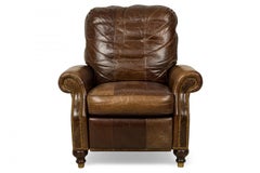 Contemporary Brown Leather Brass Nail Studded Recliner / Armchair