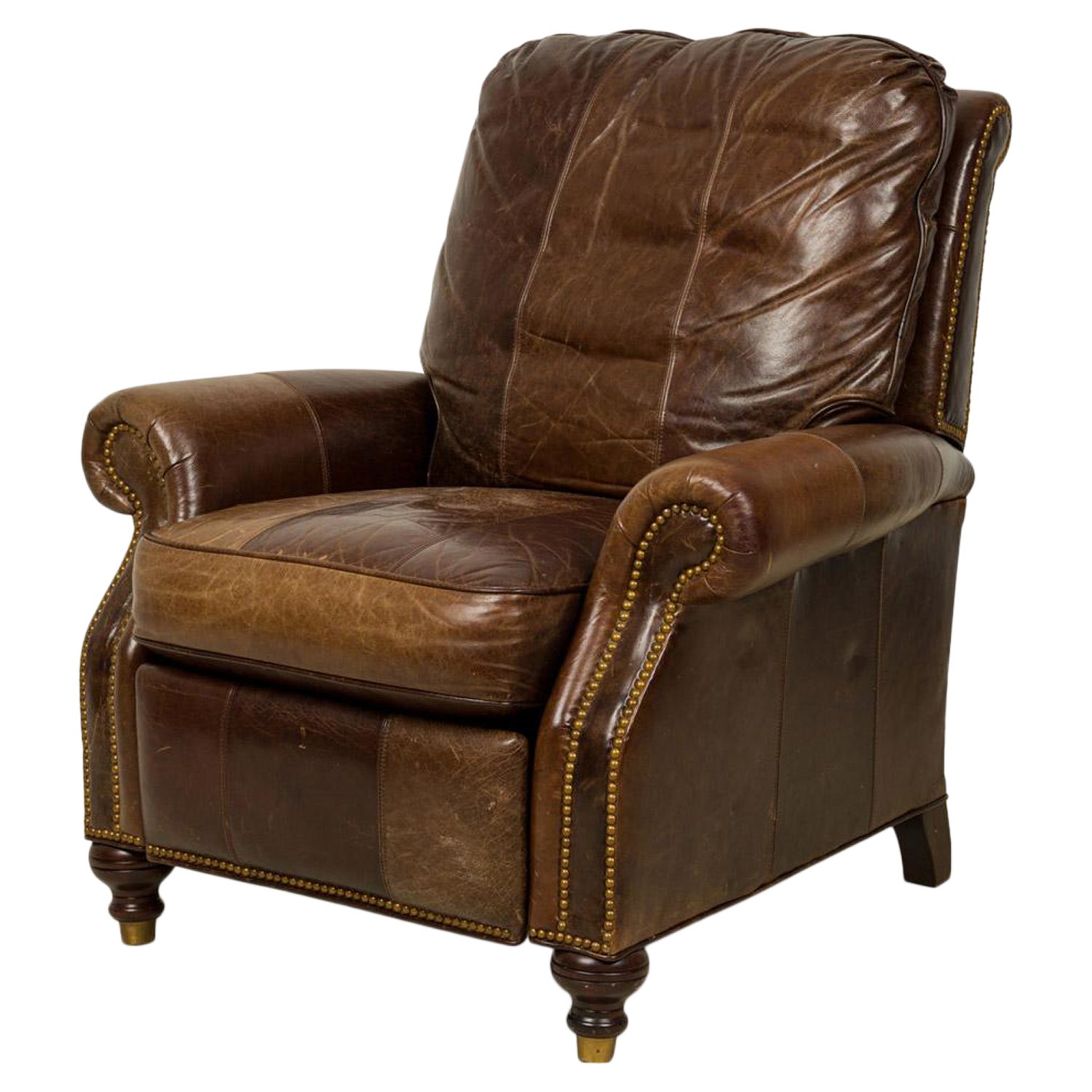Contemporary Brown Leather Brass Nail Studded Recliner / Armchair