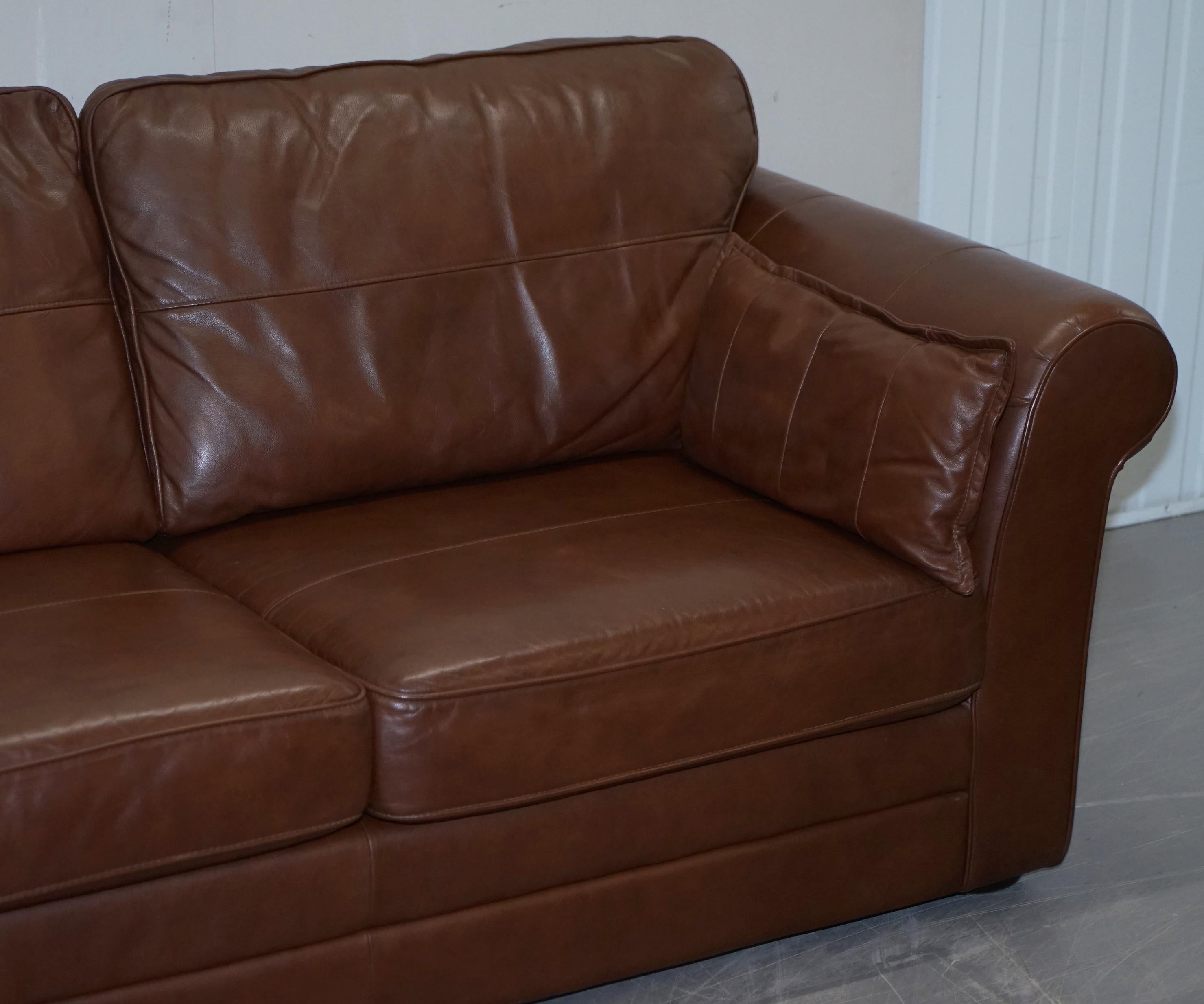 English Contemporary Brown Leather Large Comfortable Three Seat Sofa Part of Large Suite