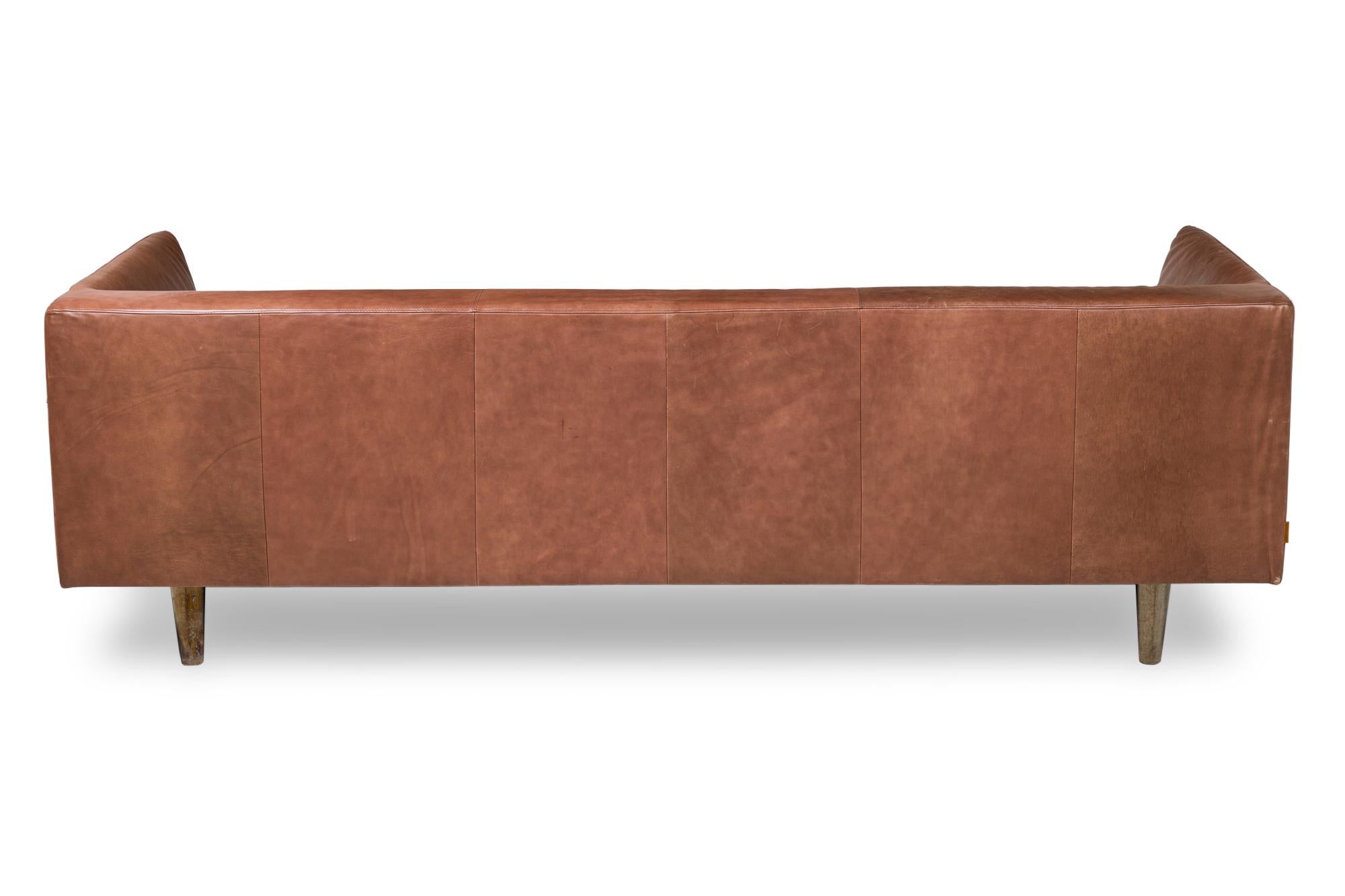 Hand-Crafted Contemporary Brown Leather Sofa For Sale