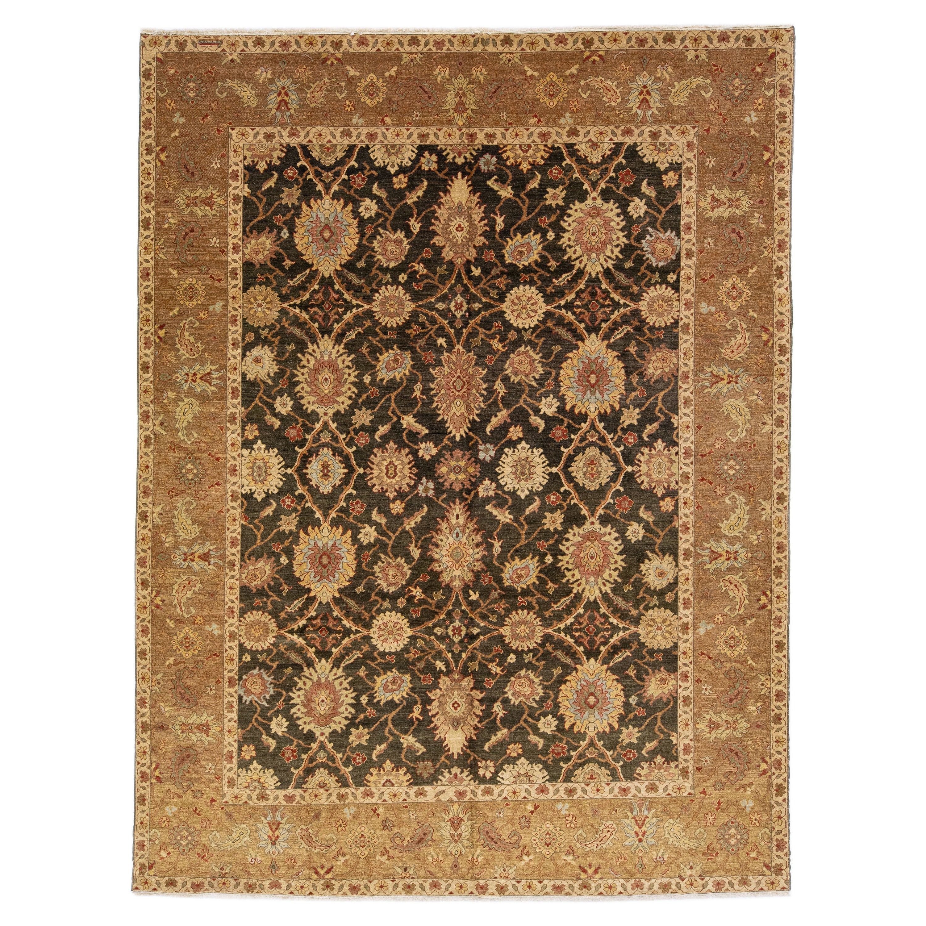 Tapis contemporain en laine marron Peshawar fait à la main avec motif floral