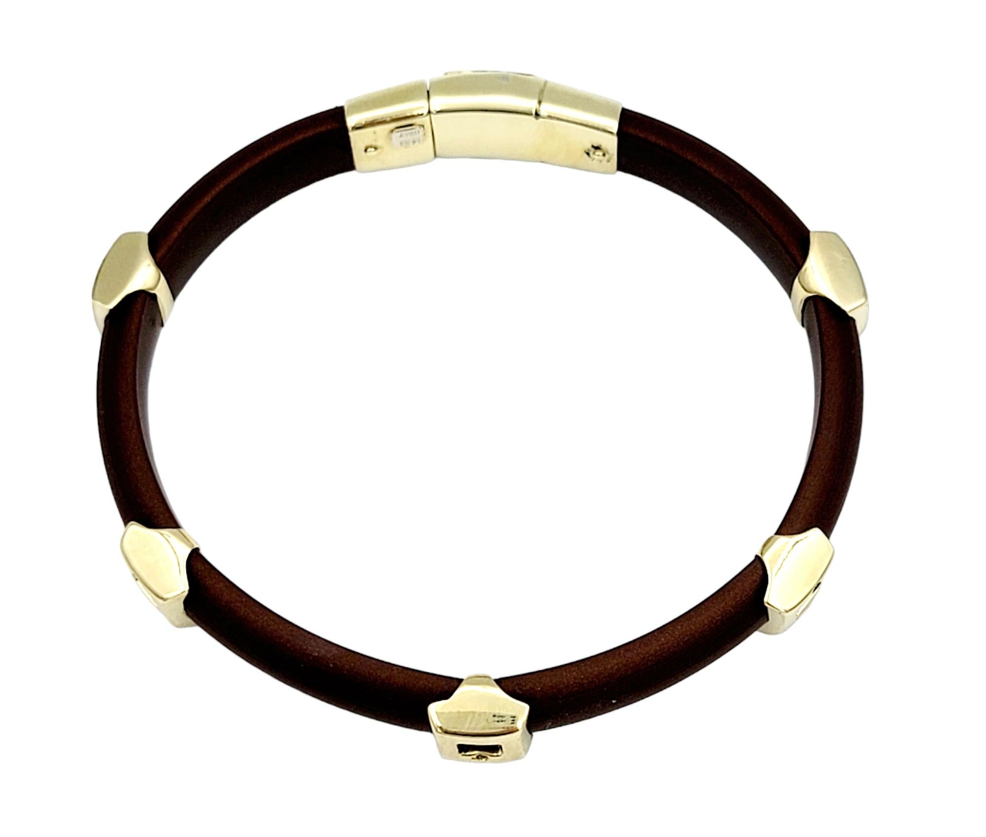 Round Cut Contemporary Brown Rubber and Diamond Station Bracelet in 14 Karat Yellow Gold  For Sale