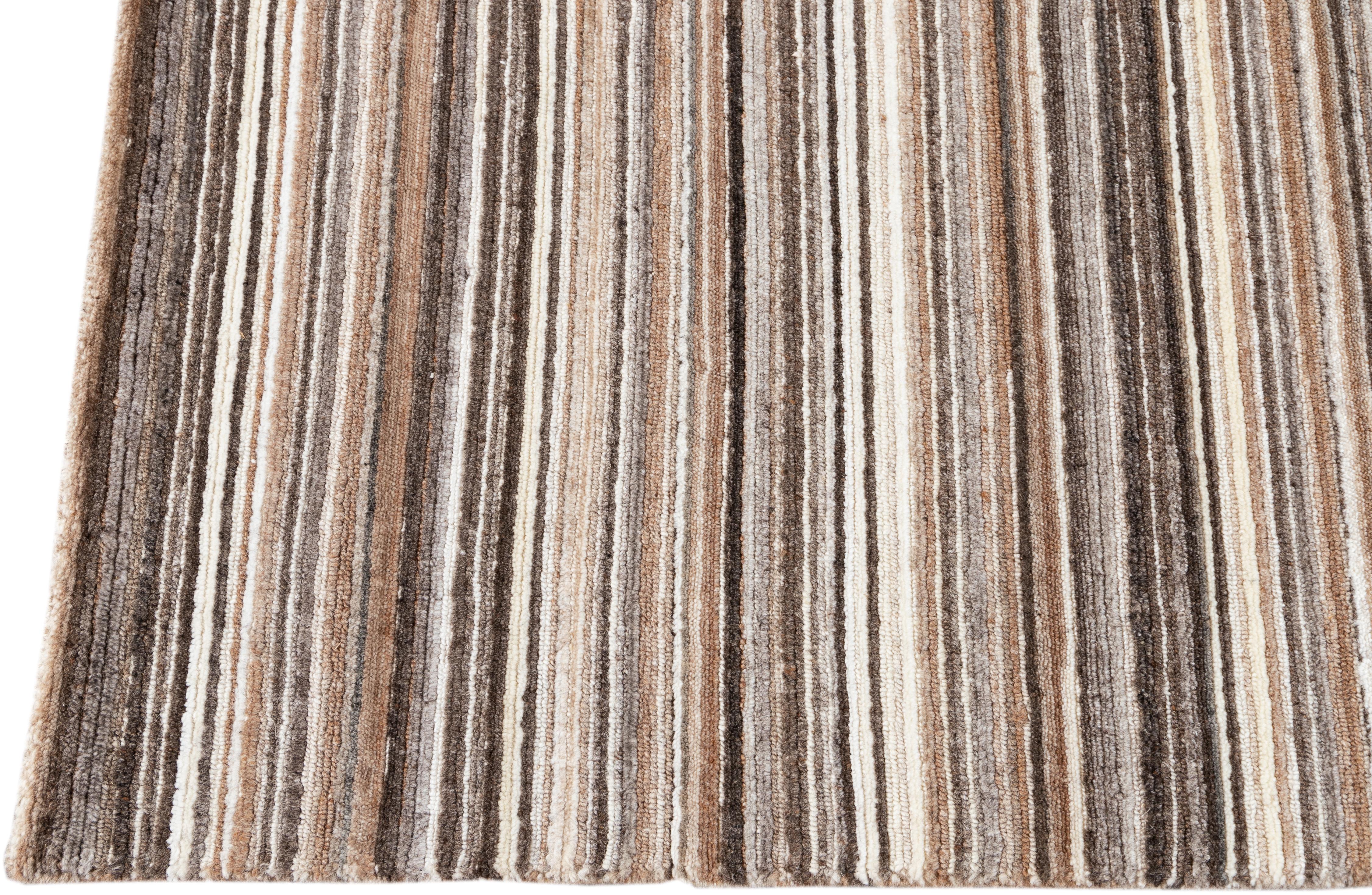 Hand-Knotted Brown Contemporary Handmade Striped Pattern Wool and Silk Indian Rug For Sale