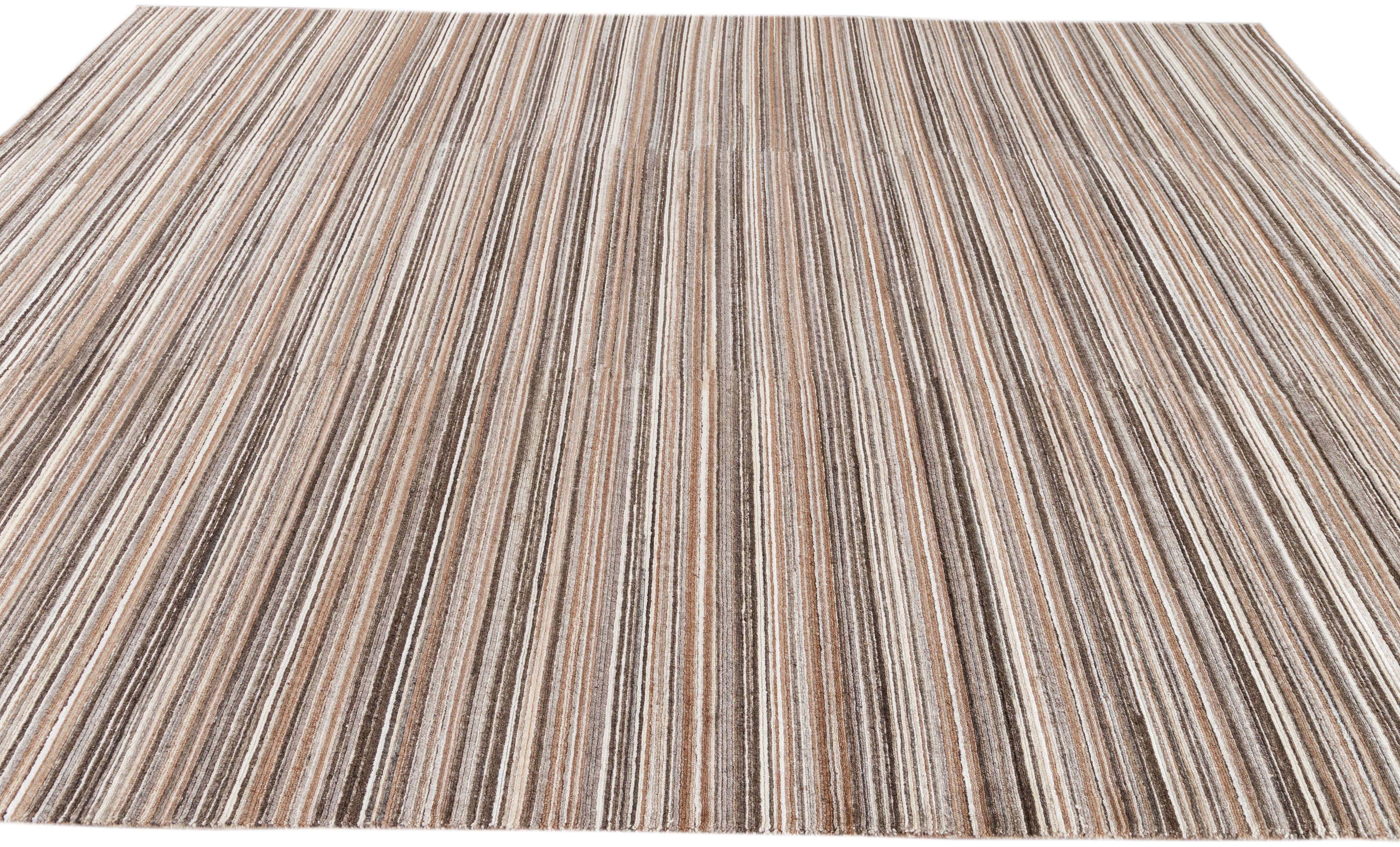 Brown Contemporary Handmade Striped Pattern Wool and Silk Indian Rug In New Condition For Sale In Norwalk, CT