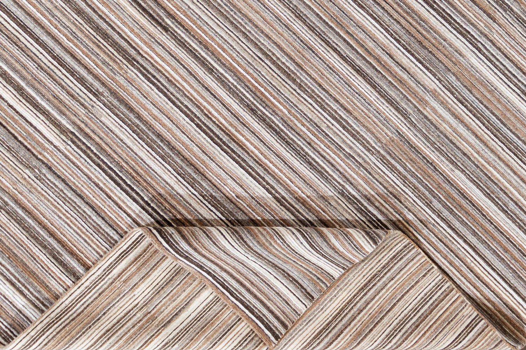 Contemporary Brown Striped Wool and Silk Area Rug For Sale 1
