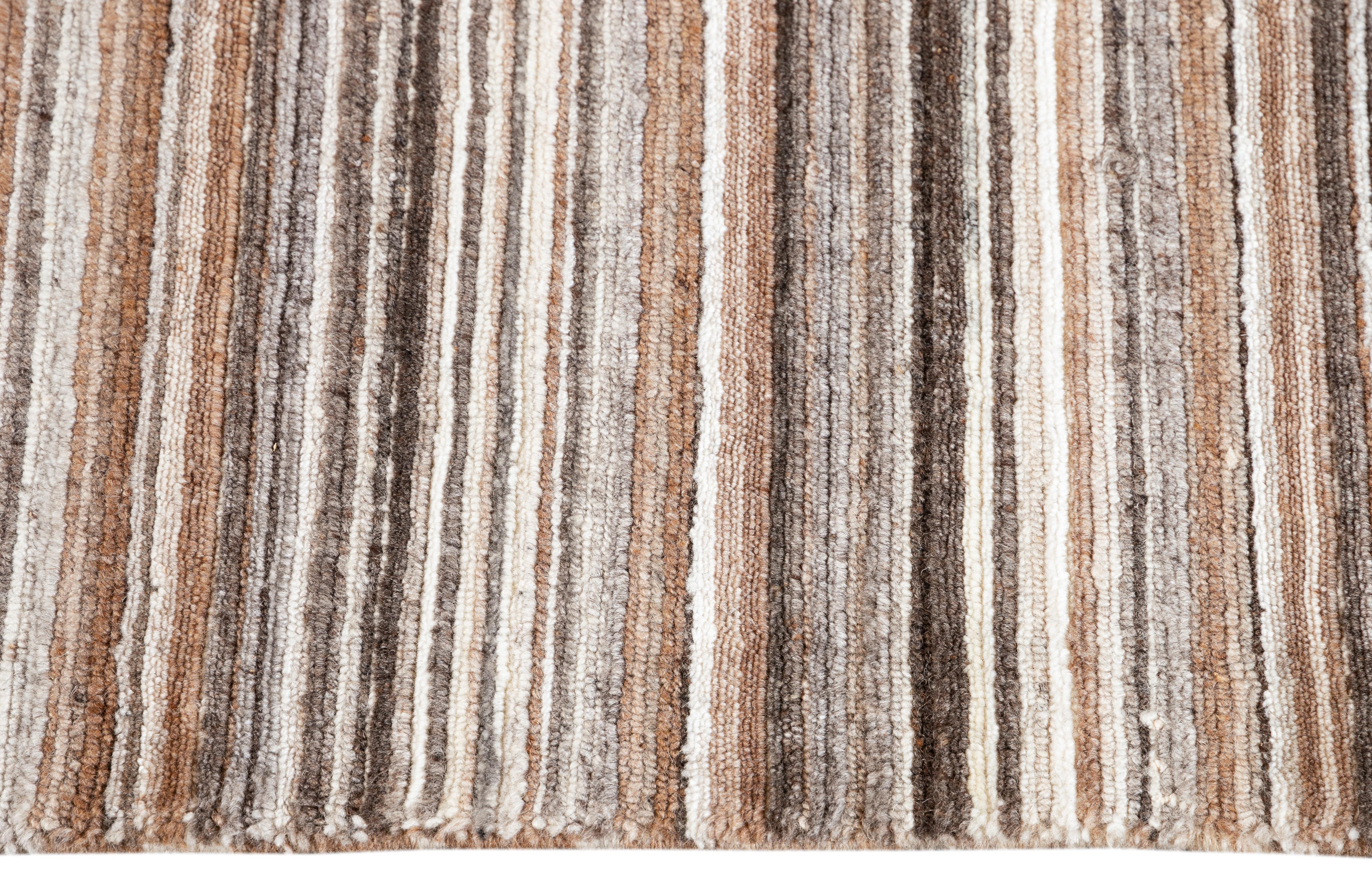 Indian Contemporary Brown Striped Wool and Silk Area Rug For Sale