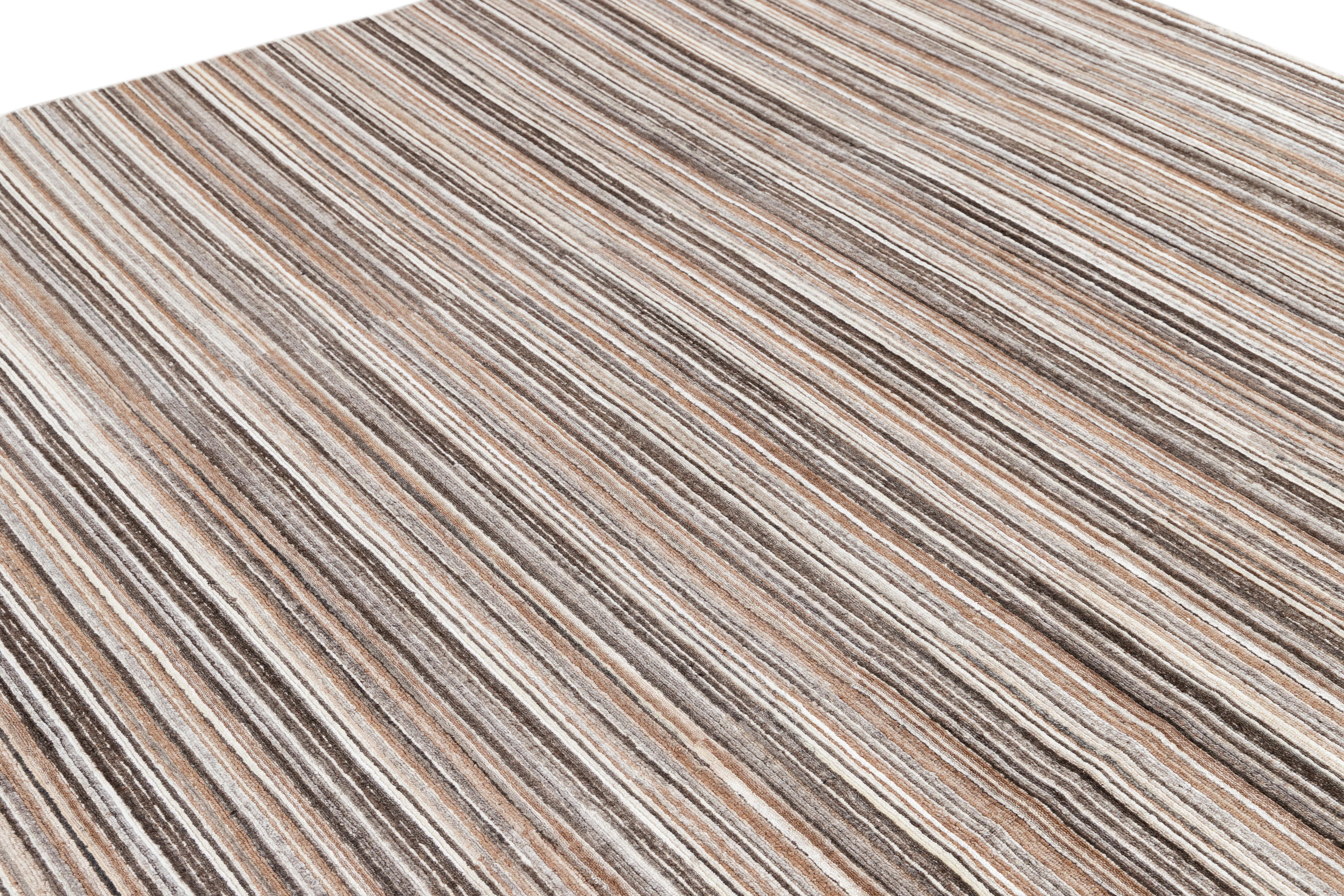 Contemporary Brown Striped Wool and Silk Room-Size Area Rug For Sale 5