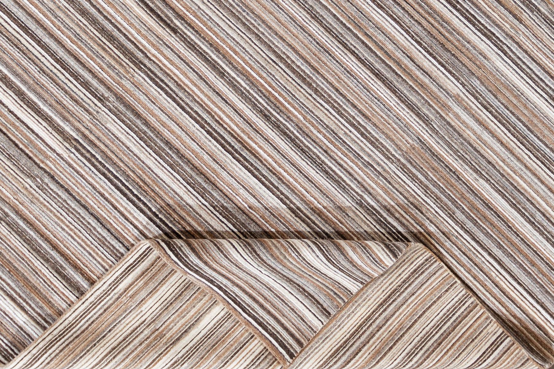 Indian Contemporary Brown Striped Wool and Silk Room-Size Area Rug For Sale