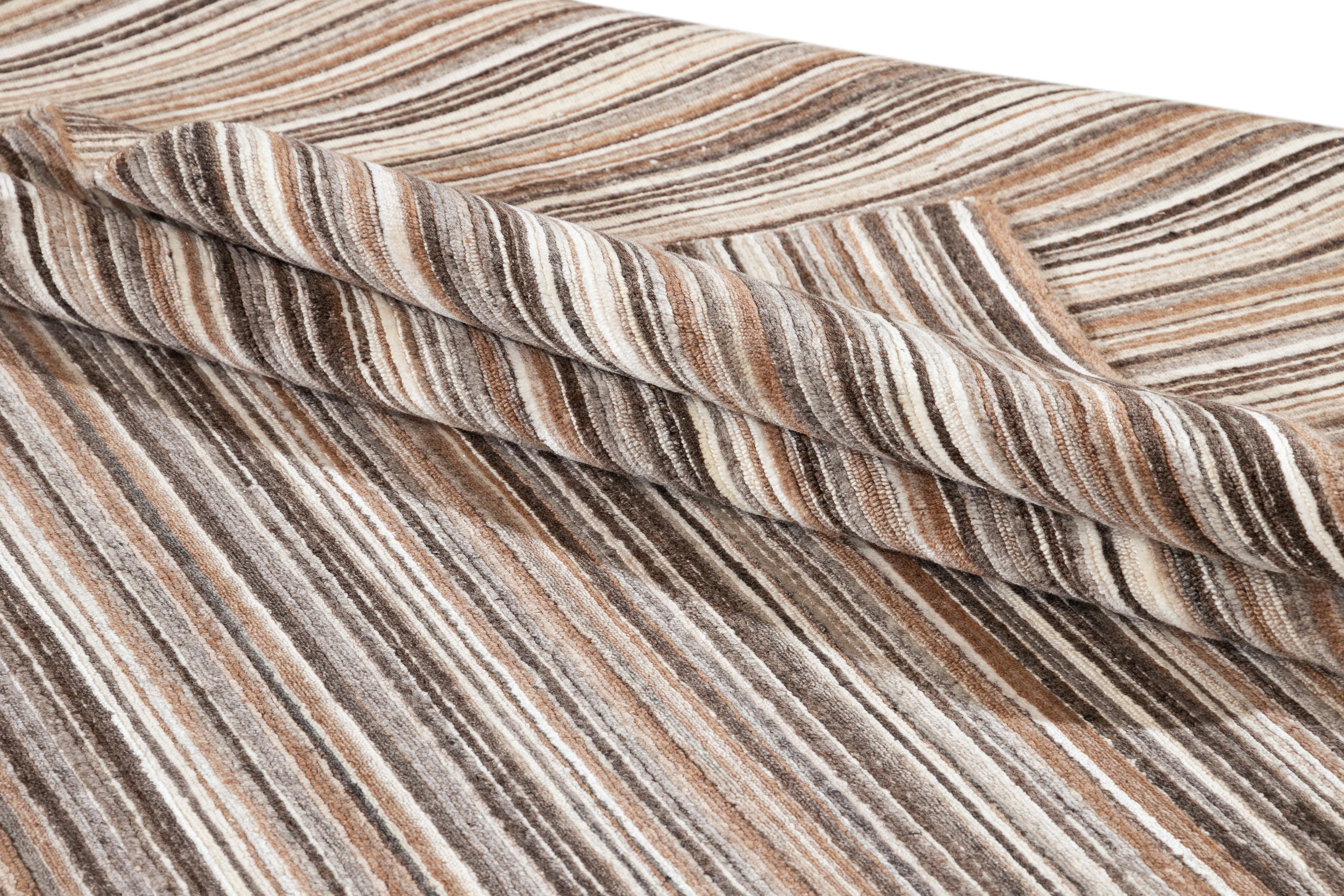 Hand-Knotted Contemporary Brown Striped Wool and Silk Room-Size Area Rug For Sale