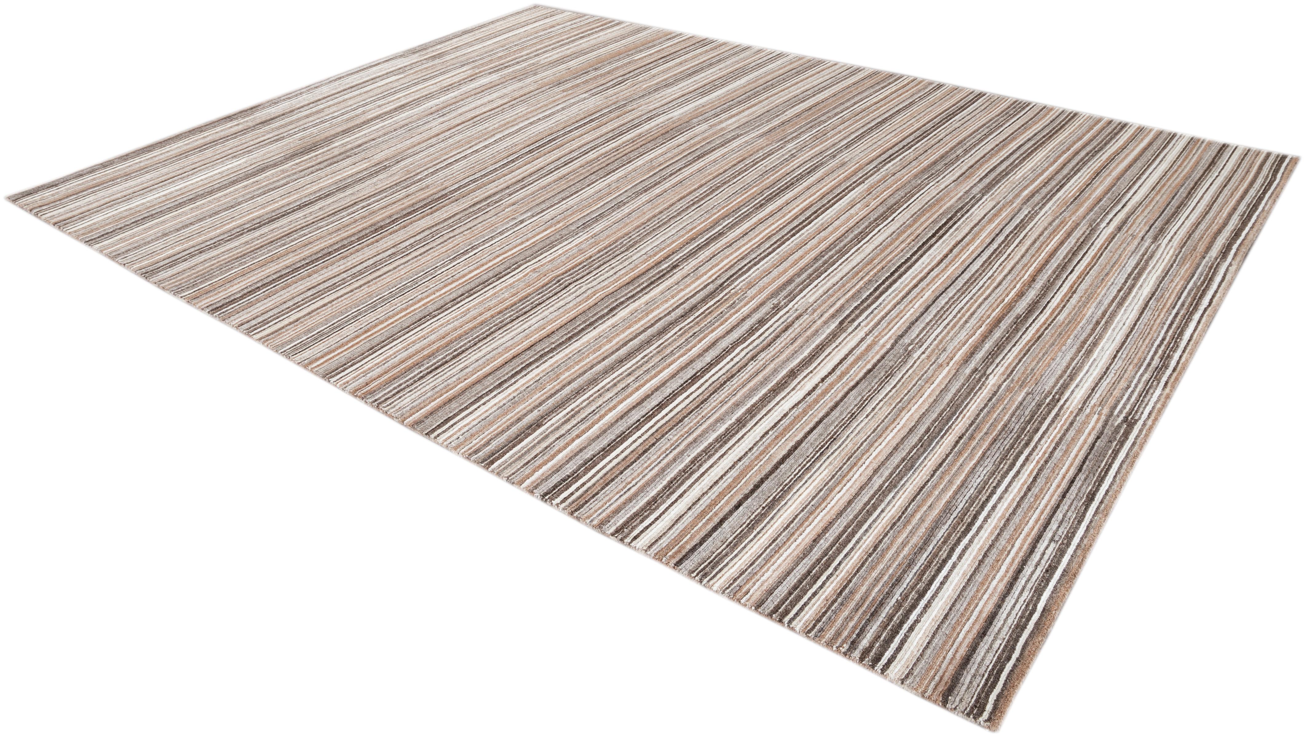 Contemporary Brown Striped Wool and Silk Room-Size Area Rug For Sale 3