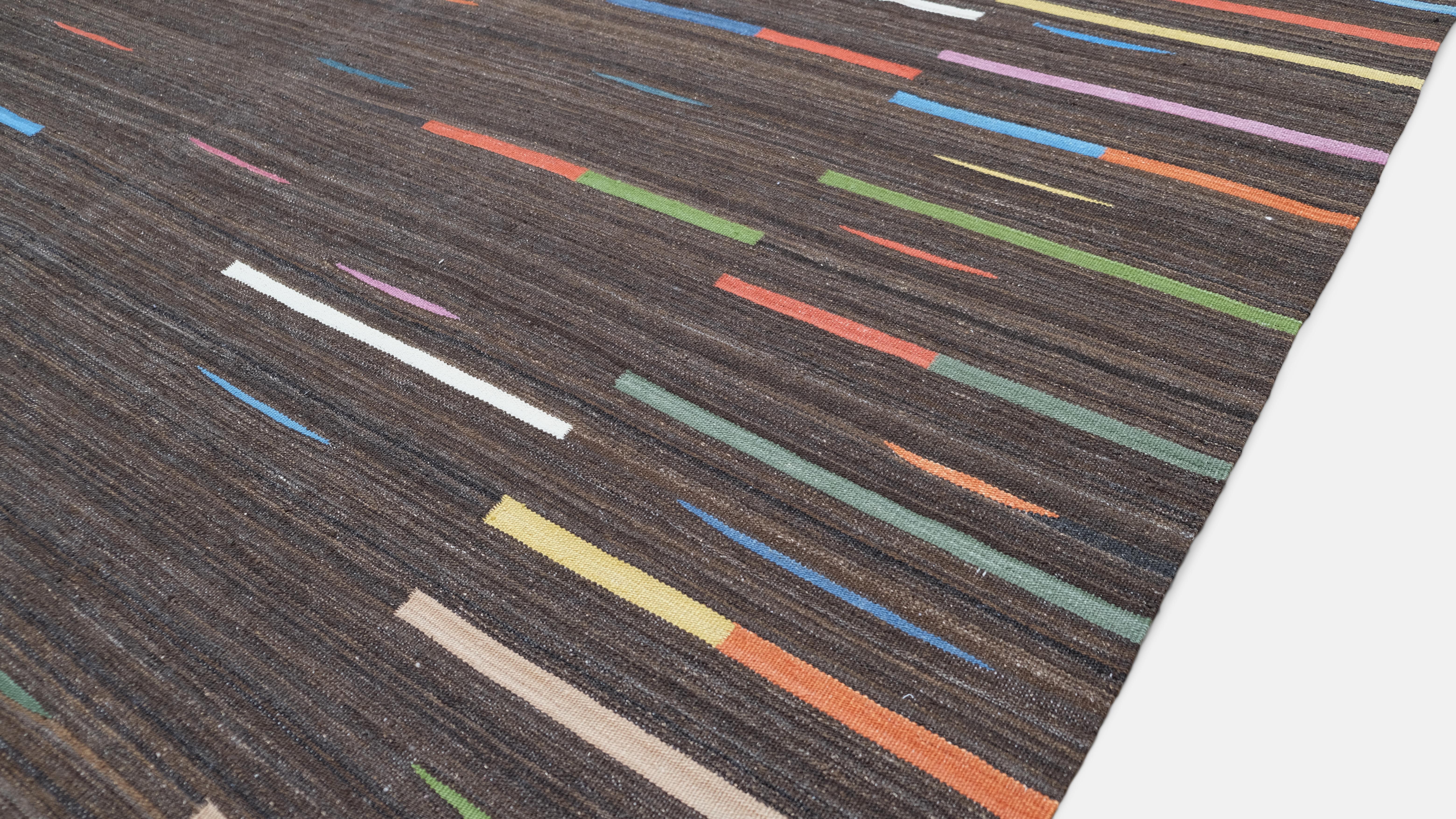 Kilim de Lana Contemporáneo Marrón con Acentos Lineales Multicolor 9'2''x12'4'' Pakistaní en venta