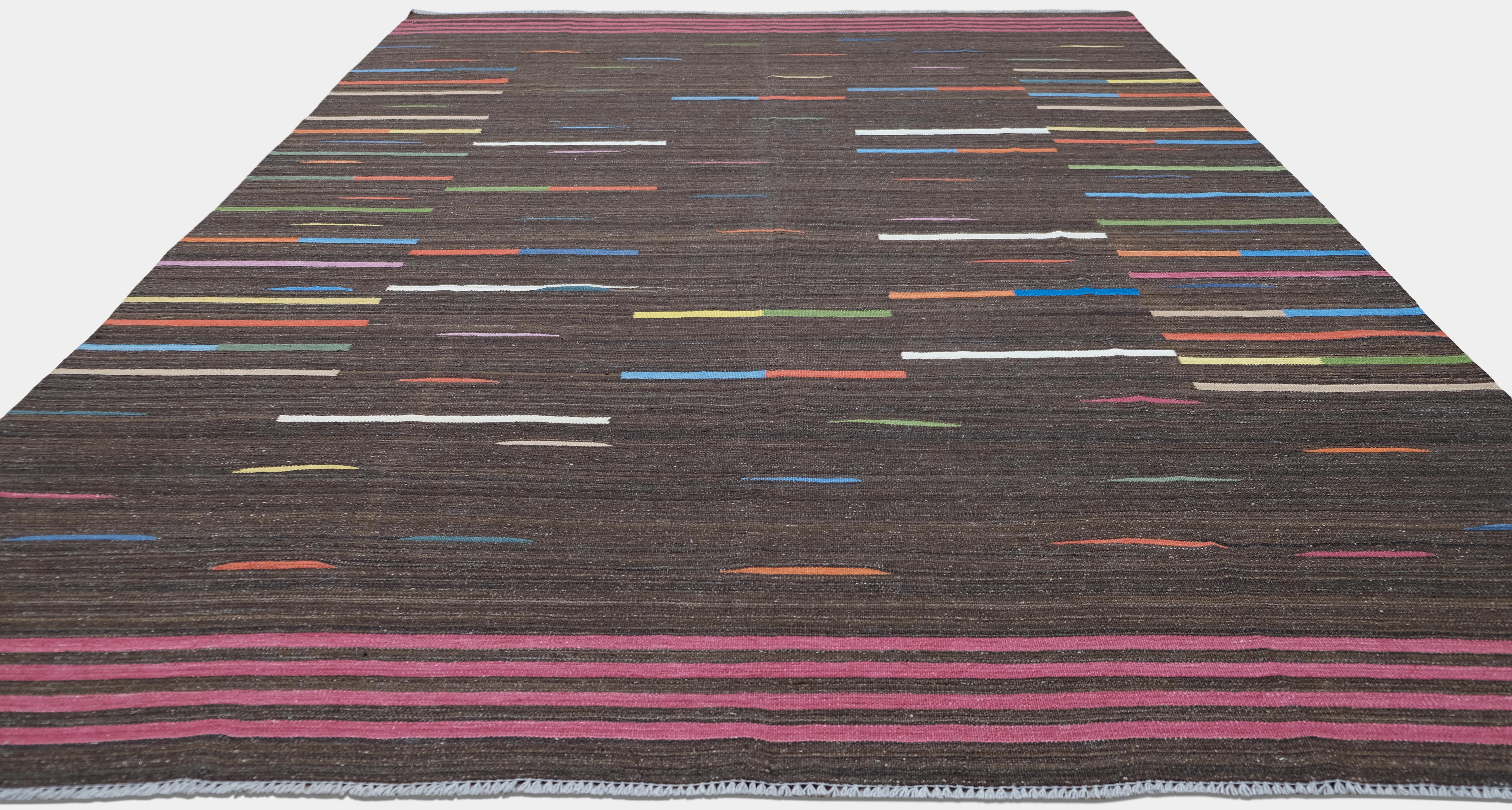Kilim de Lana Contemporáneo Marrón con Acentos Lineales Multicolor 9'2''x12'4'' Tejido a mano en venta