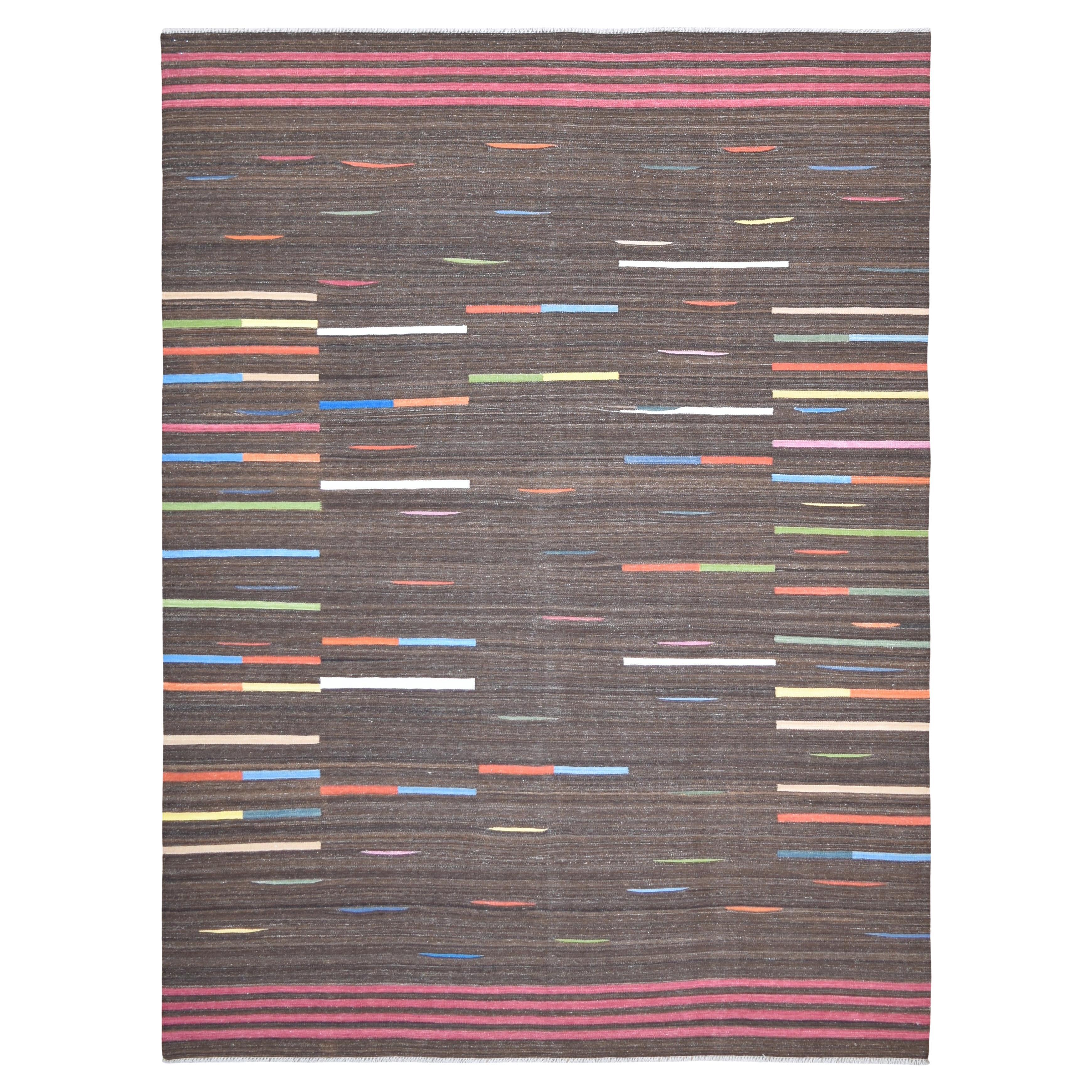 Contemporary Brown with Multicolor Linear Accents Wool Kilim 9'2''x12'4''