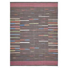 Kilim de Lana Contemporáneo Marrón con Acentos Lineales Multicolor 9'2''x12'4''