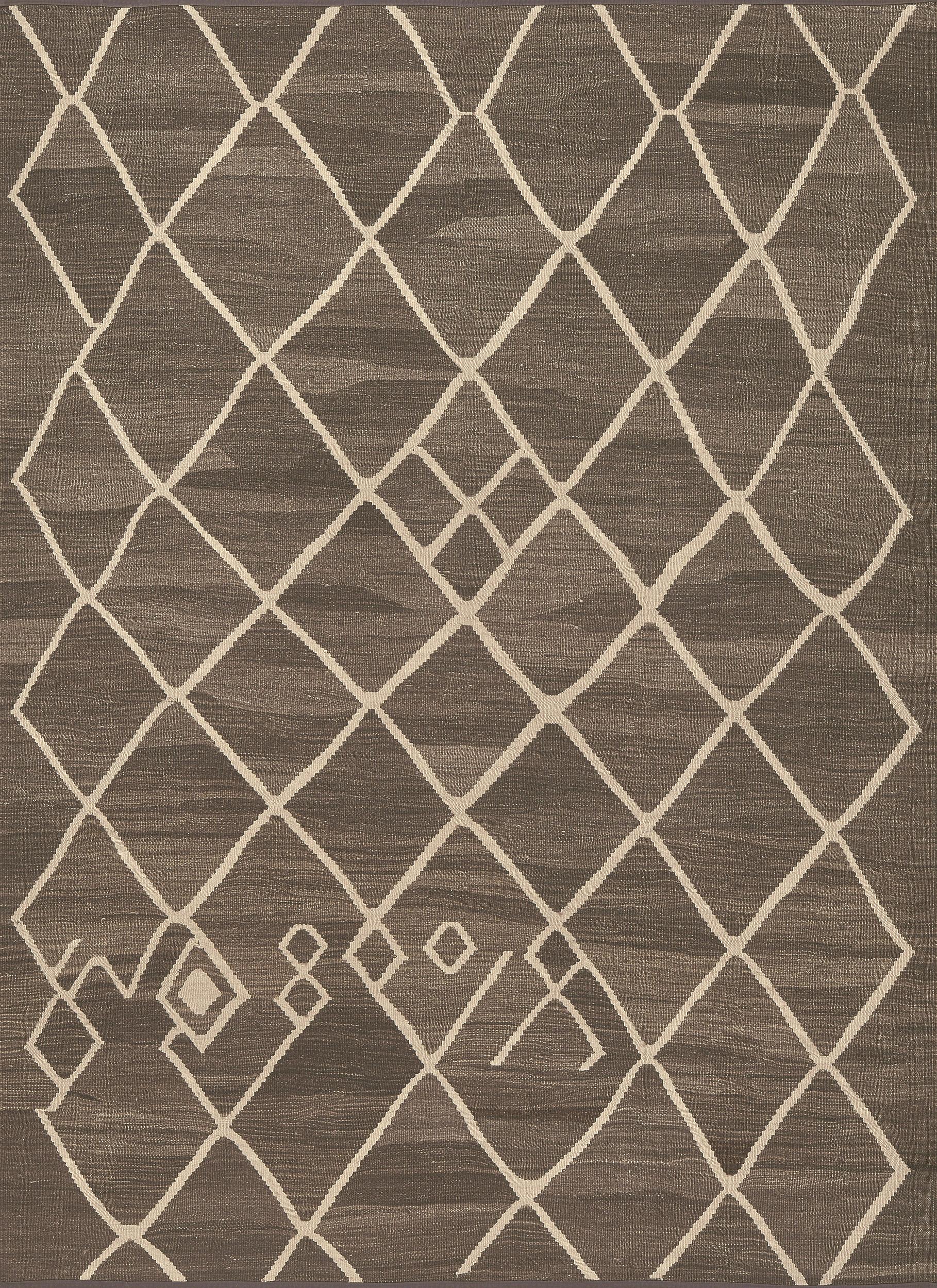 Contemporary Brown Wool Moroccan-Inspired Kilim Rug For Sale