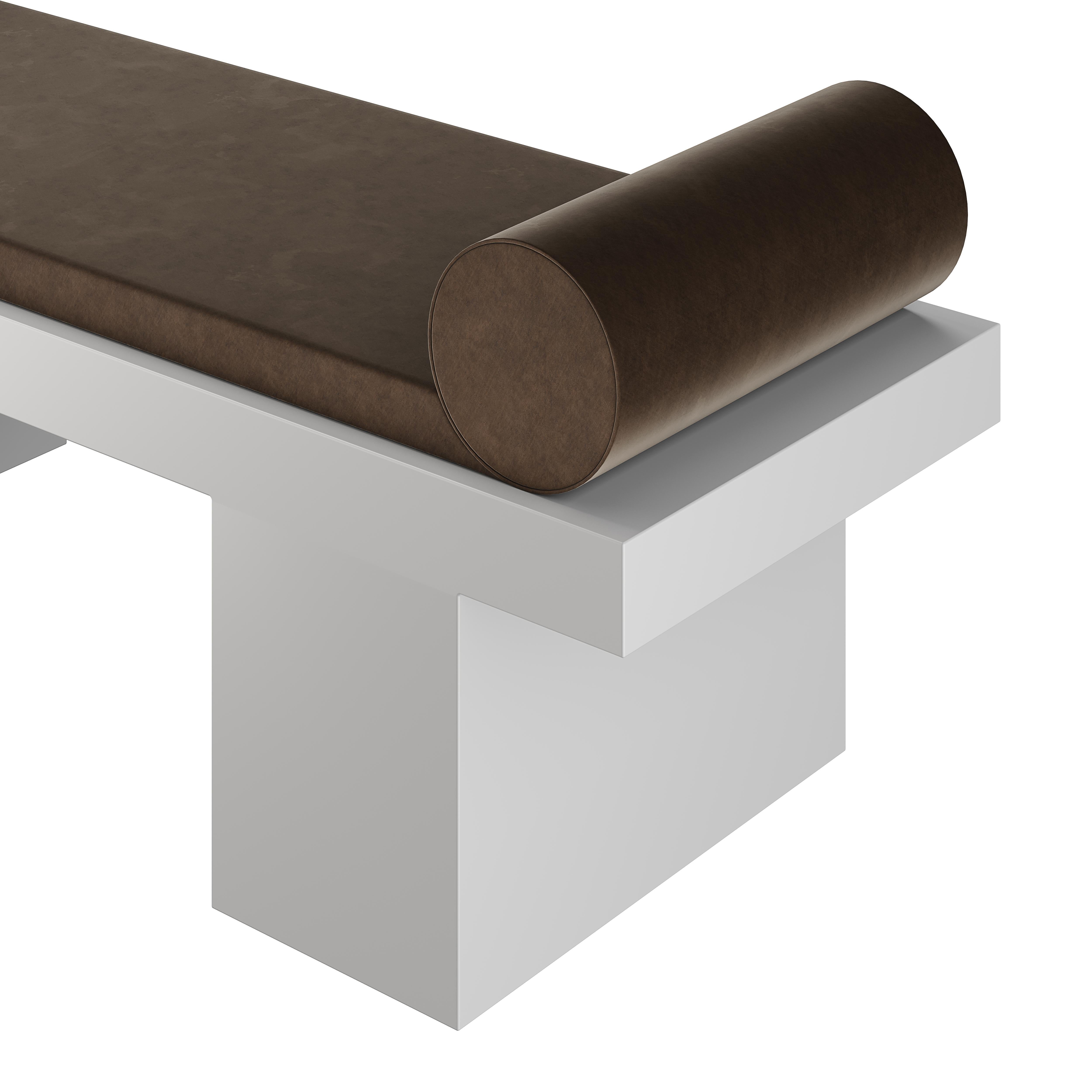 Hand-Crafted Modern Brutalist Style Bench Grey Matte Lacquer Upholstery in Suede Brown For Sale