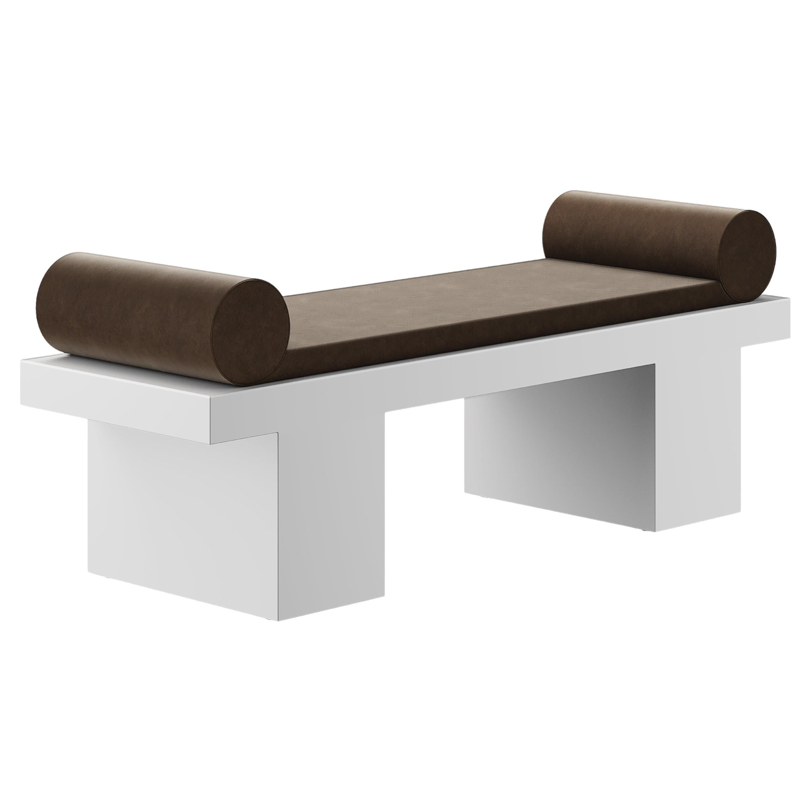 The Moderns Brutalist Style Bench Grey Matte Lacquer Upholstery in Suede Brown