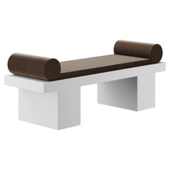Modern Brutalist Style Bench Grey Matte Lacquer Upholstery in Suede Brown