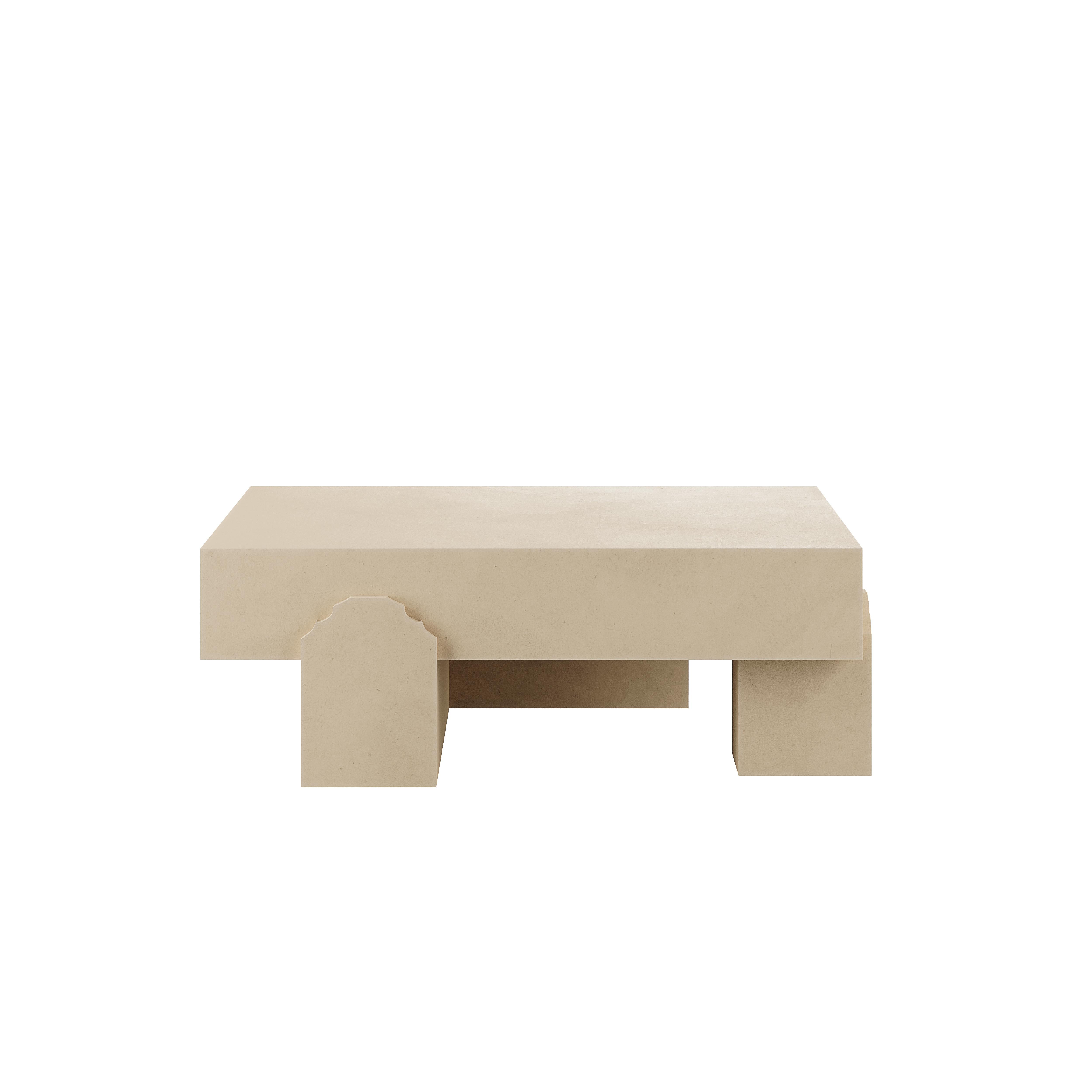 A brutalist center table, in a wood structure, finished in micro-cement.

A distinctive piece with a wooden structure and an exquisite micro-cement finish. This design provides a contemporary and raw look, making it the ideal solution for any living
