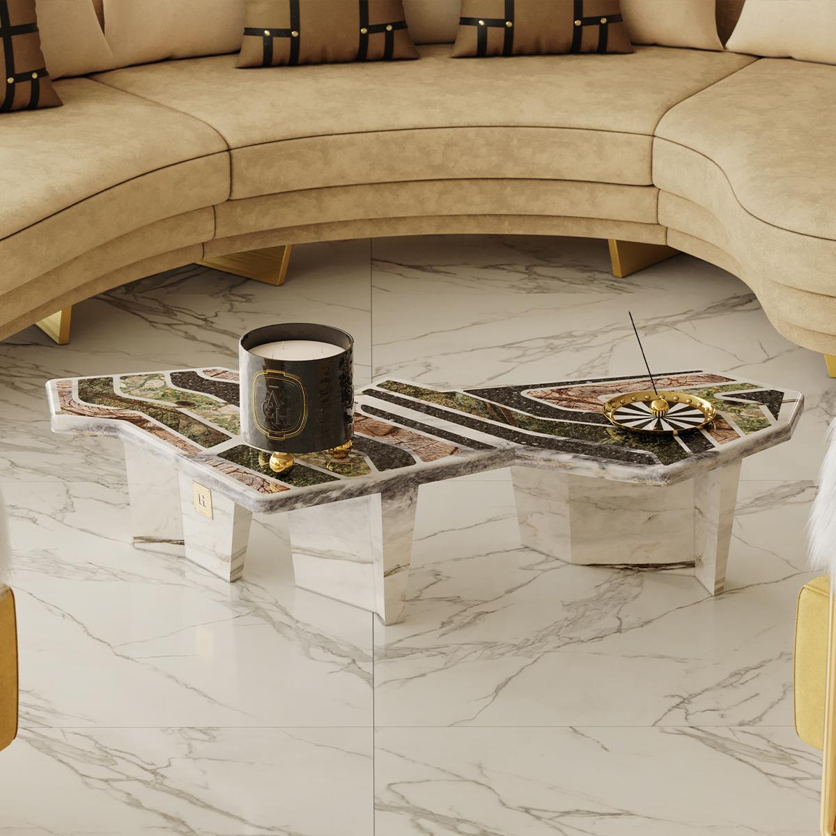 Contemporary Brutalist Geometrical Shape Coffee Center Table In Granite & Marble For Sale 4