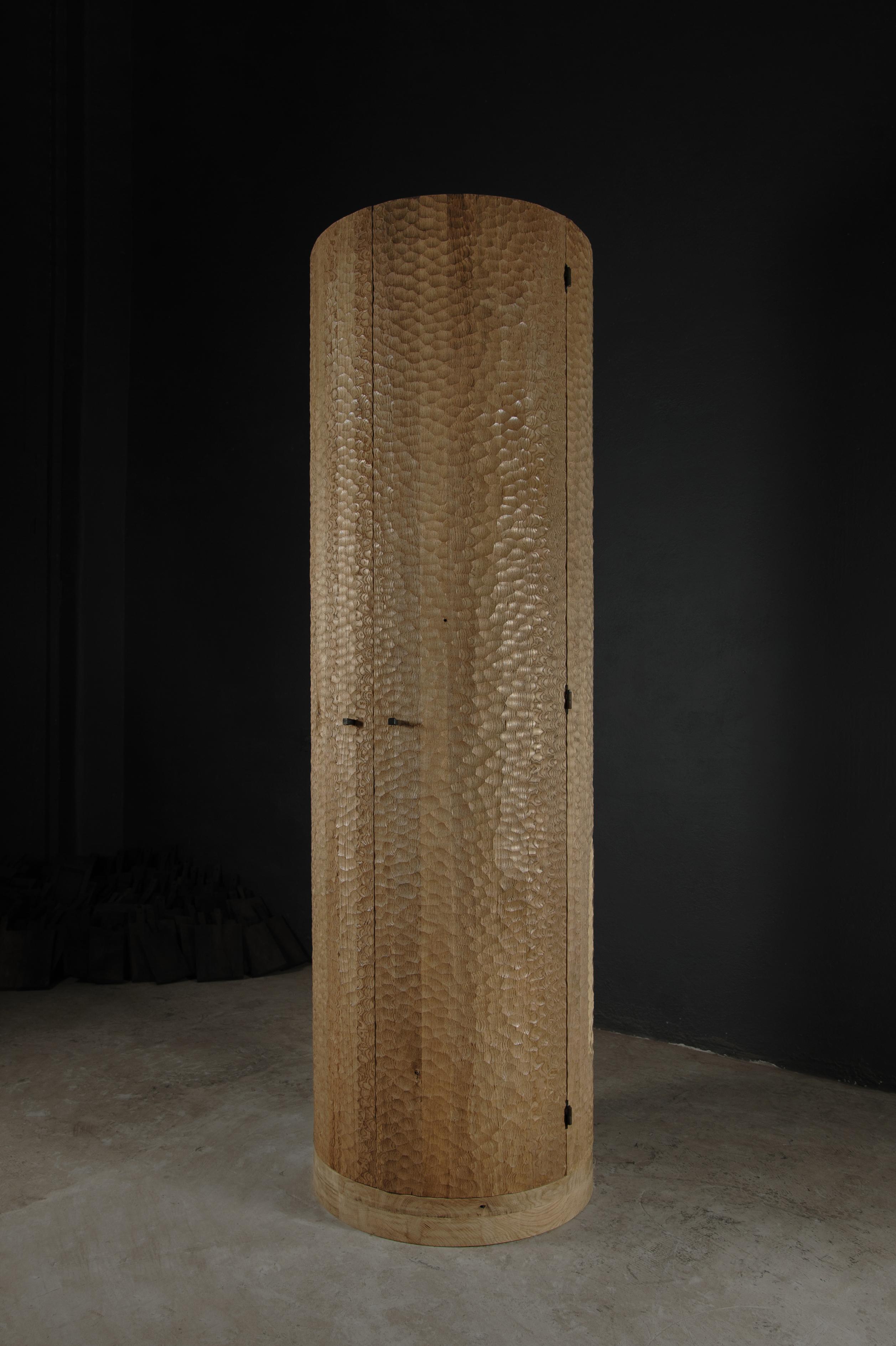 Russian Contemporary Brutalist 'Column', Cupboard in Solid Oak, Light For Sale