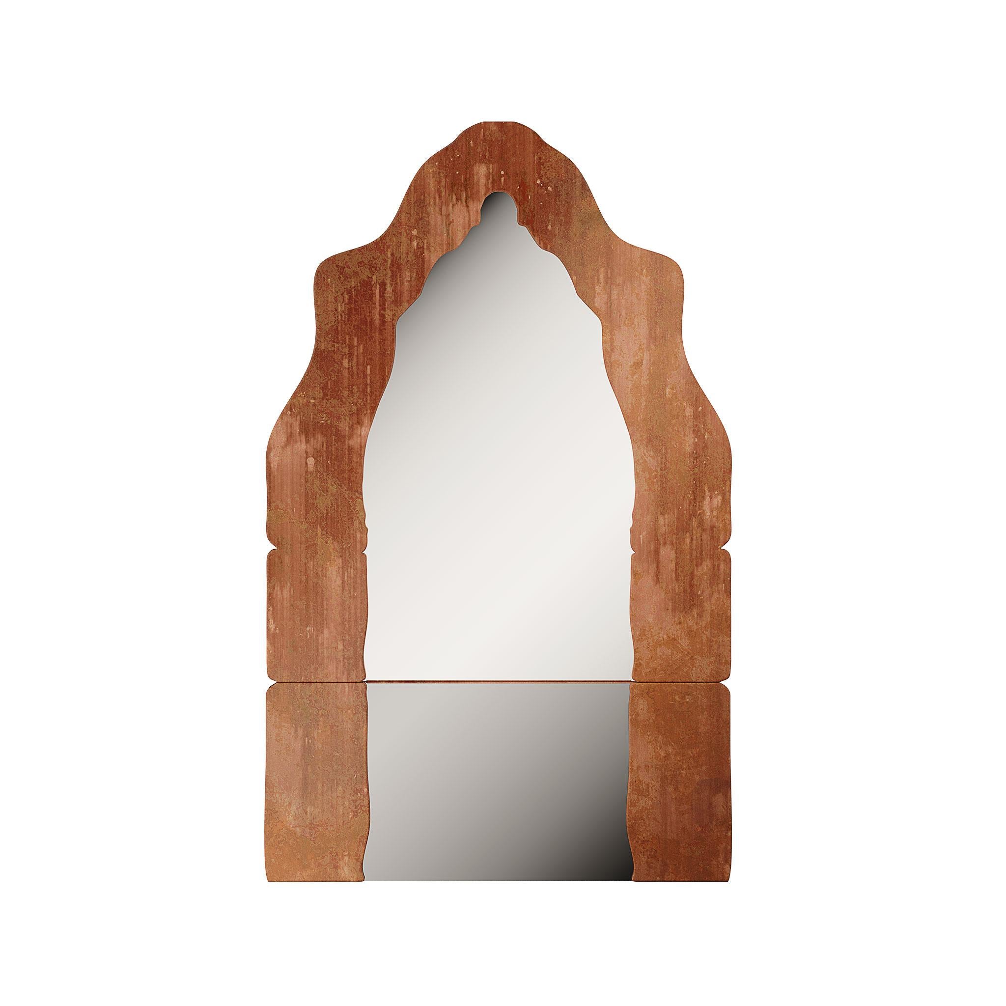 Hand-Carved Contemporary Brutalist Floor Mirror in Corten Steel 