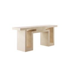 Brutalist Minimal Console Table in Microcement Sand Color Geometric Lines