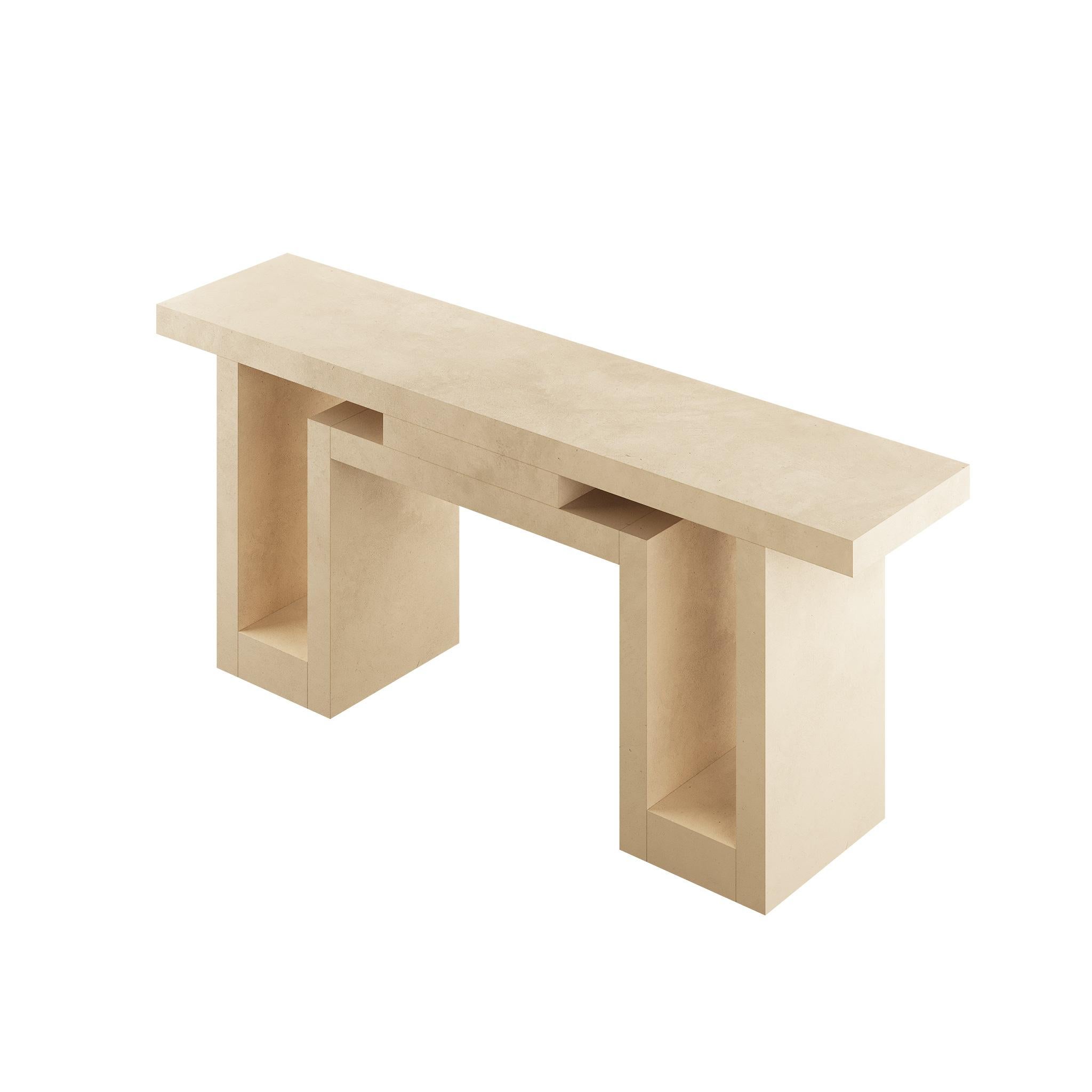 Modern Brutalist Minimal Console Table in Microcement Sand Color Geometric Lines For Sale