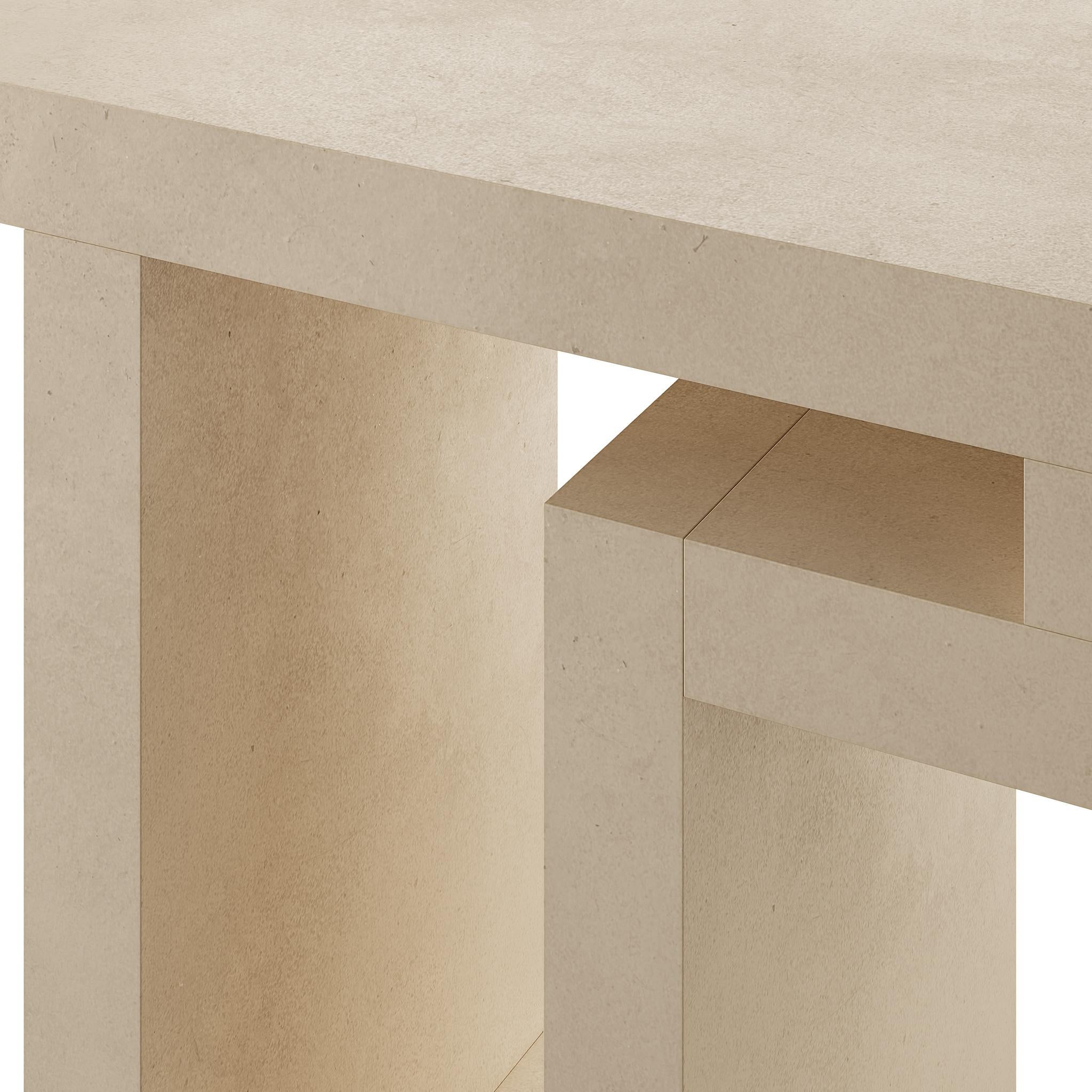 European Brutalist Minimal Console Table in Microcement Sand Color Geometric Lines For Sale