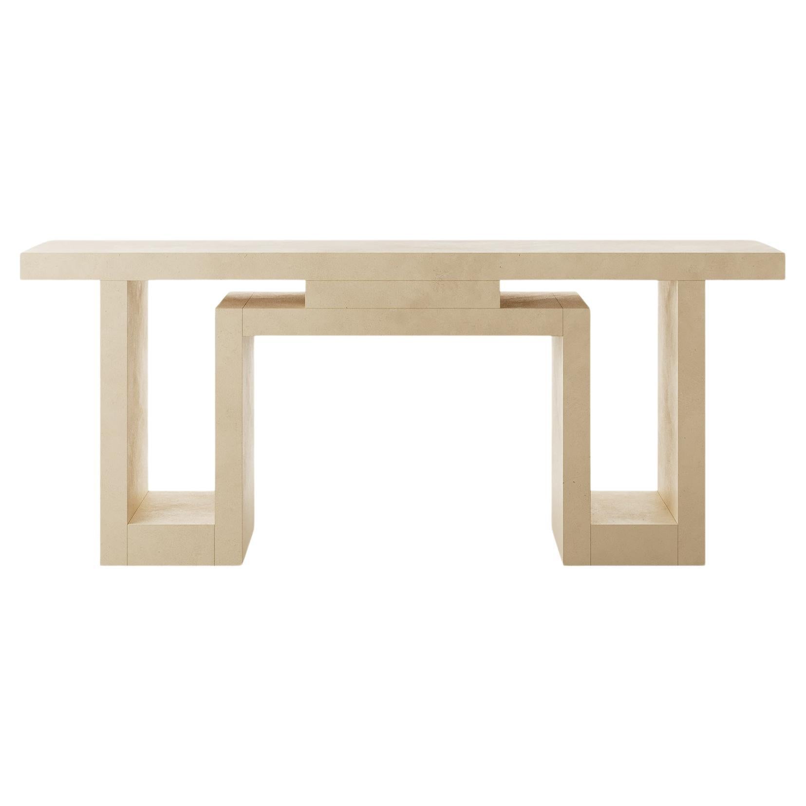 Table console minimaliste brutaliste en lignes géométriques de couleur sable microcément