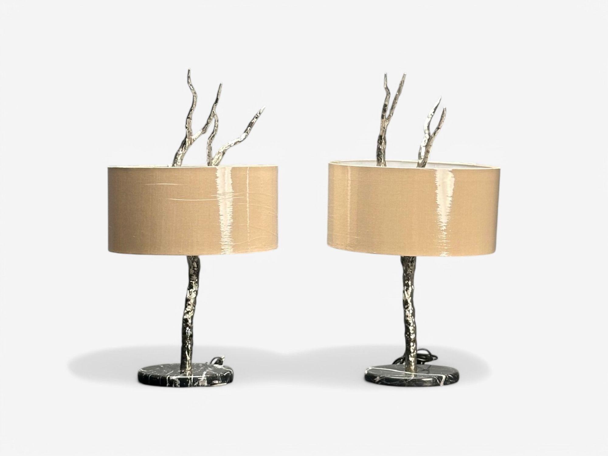 Contemporary, Brutalist Modern, Tree Branch Table or Desk Lamps, Silver Bronze, Marble Base, 21st C.

Pair of sculptural modern Brutalist tree branch table lamps that are anchored by elegant marble bases. Each example features nickeled and hammered