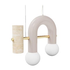 Contemporary Brutalist Pendant Lamp Pyppe Single III, Brass, Taupe, Travertine