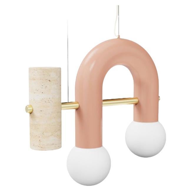 Contemporary Brutalist Pendelleuchte Pyppe Single III Messing, Rosa, Travertin von UTU
