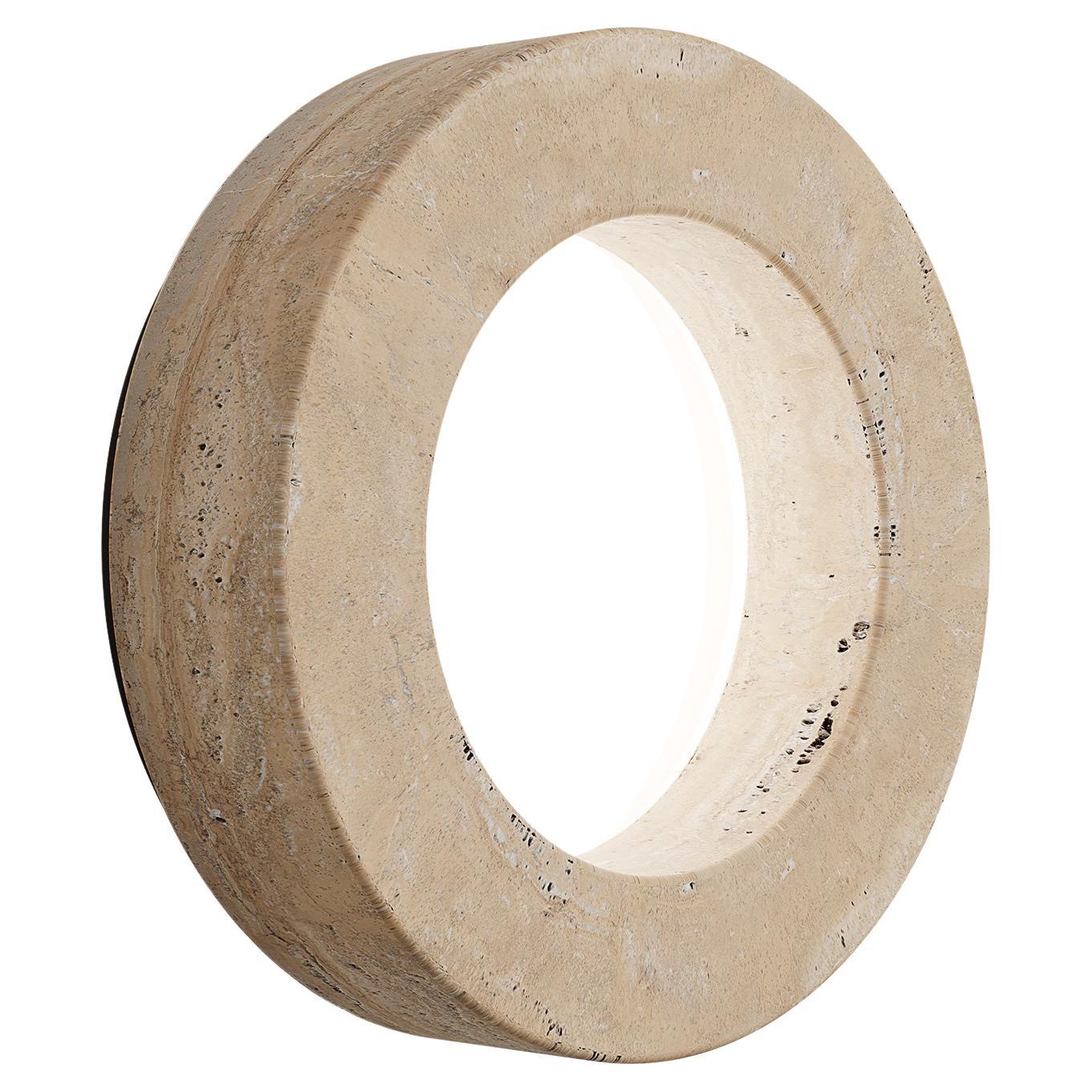 Organic Modern Round Wall Lamp, Beje Travertine Marble Circular Shape Sconce For Sale