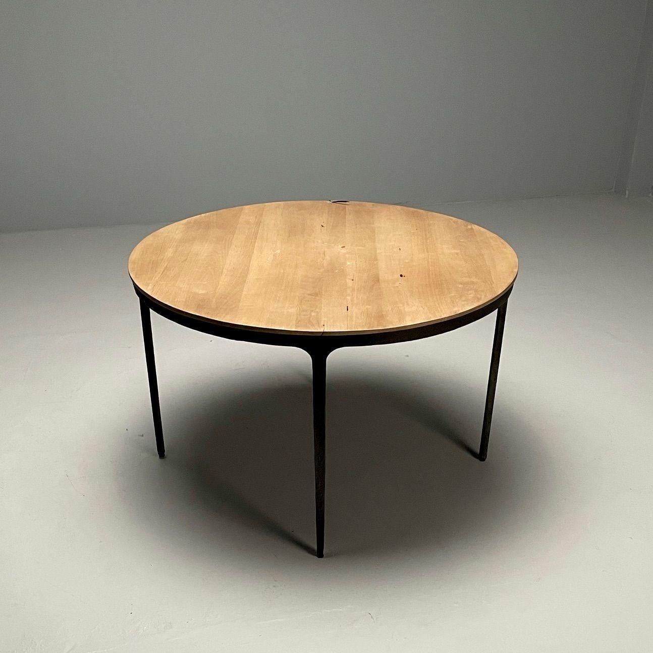 Contemporary, Paul Evans Style, Brutalist, Round Center Table, Elm, Metal

A very sleek and fitting with the times Center or Dining Table in the manner of Paul Evans having a brutalist metal base of rustic form supporting a large round table top of