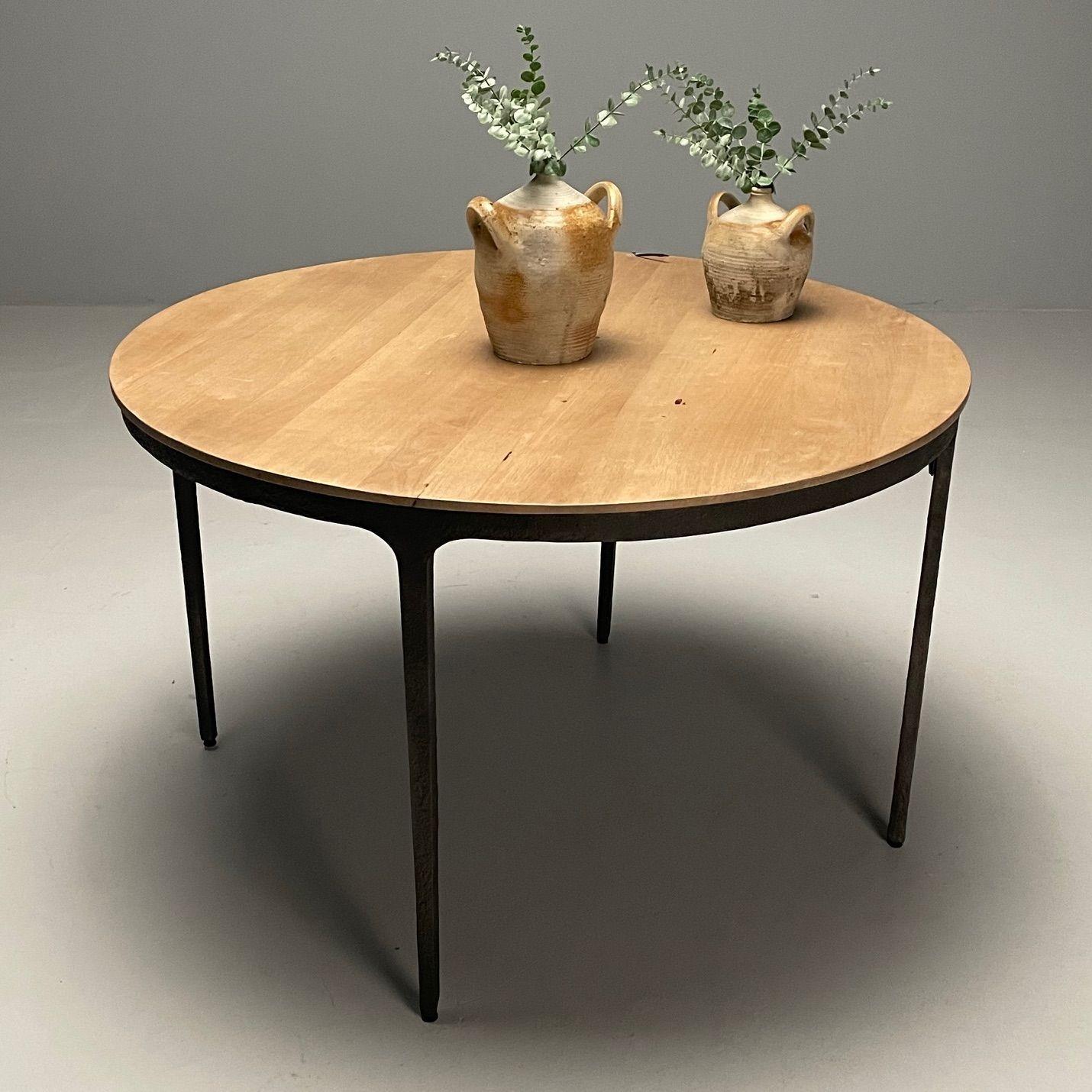 Contemporary, Brutalist, Round Center Table, Elm, Metal In Good Condition For Sale In Stamford, CT