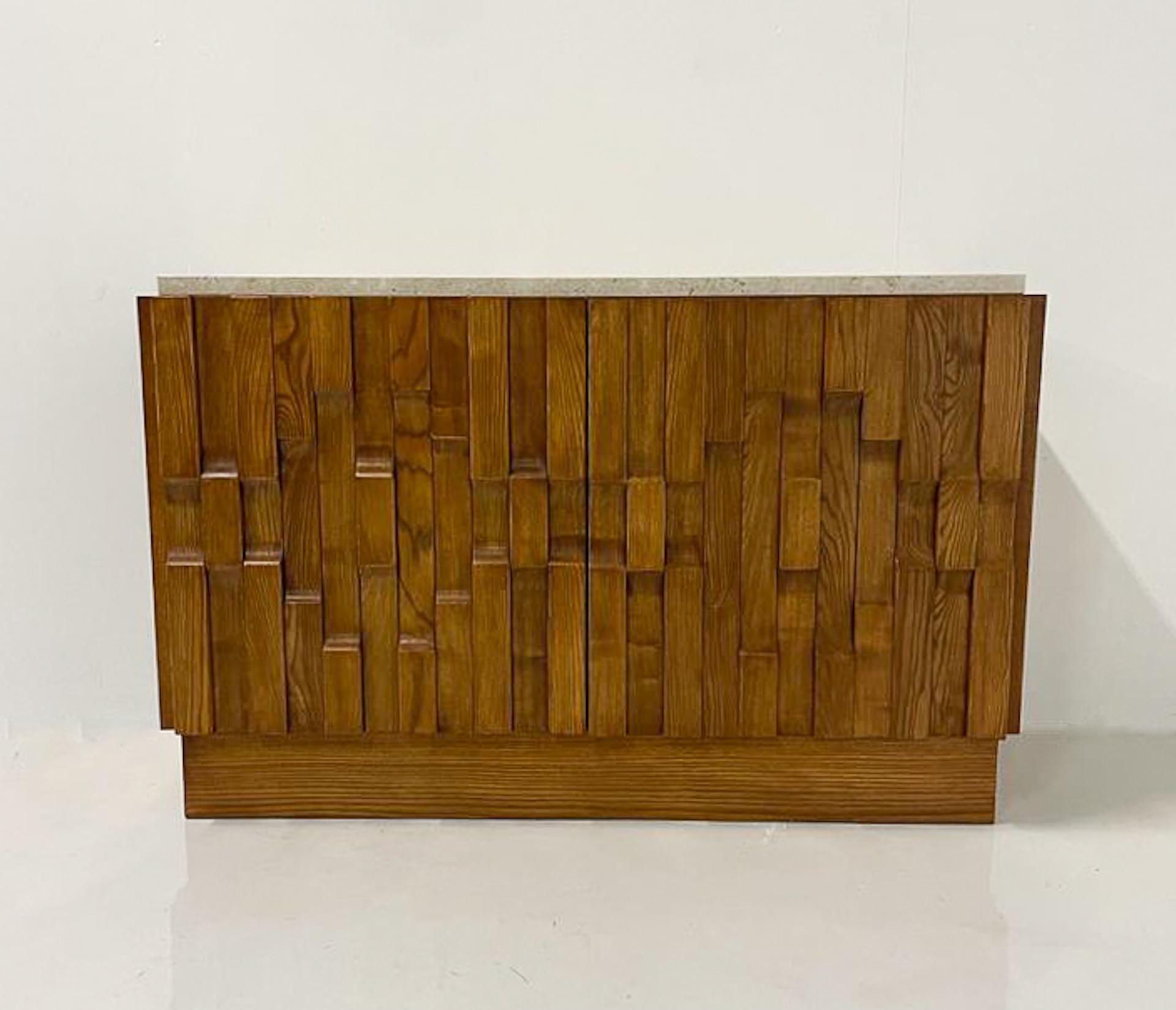 Italian Contemporary Brutalist Sideboard, Ash and Travertine, Italy For Sale