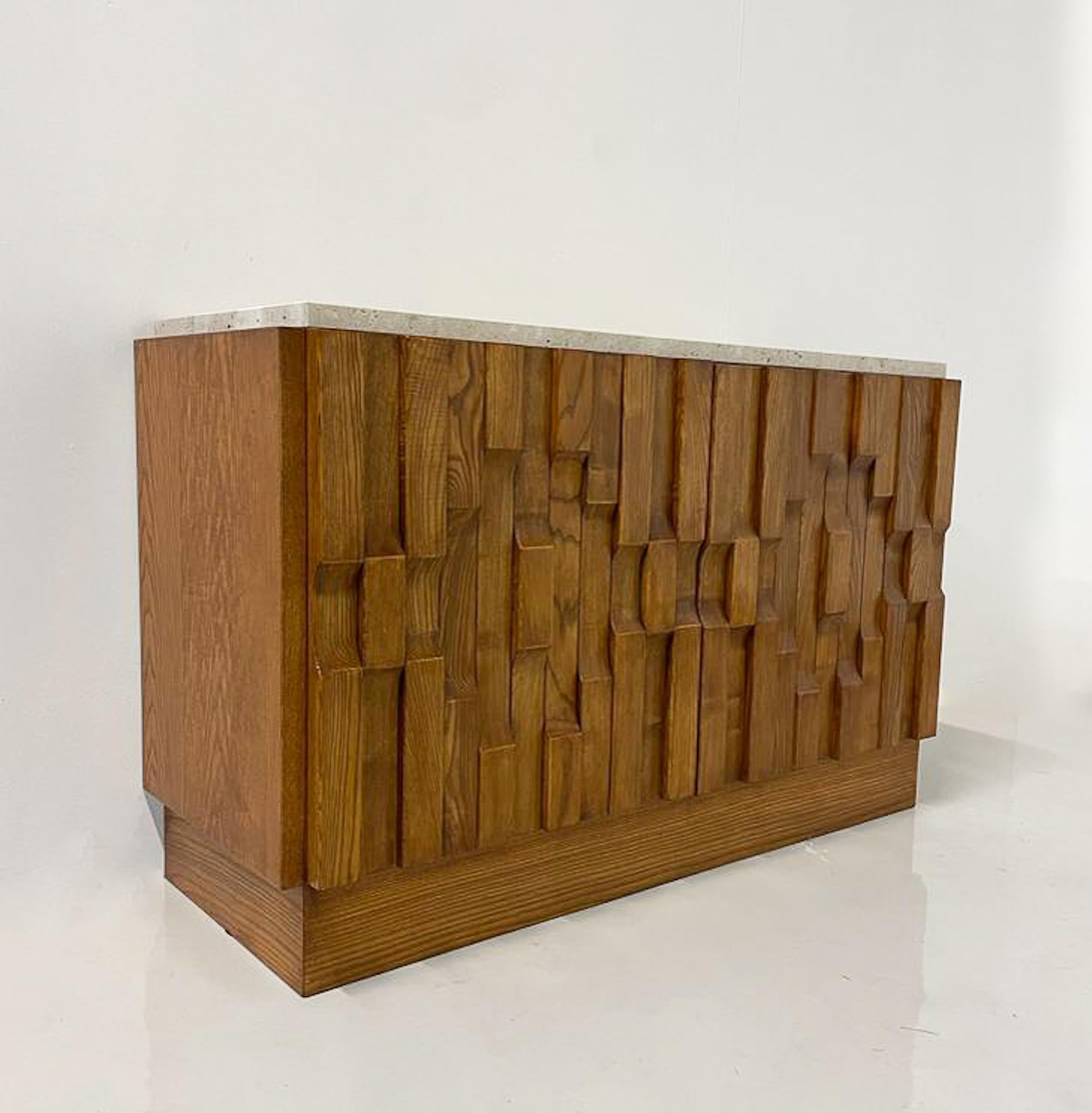 Contemporary Brutalist Sideboard, Ash and Travertine, Italy For Sale 2